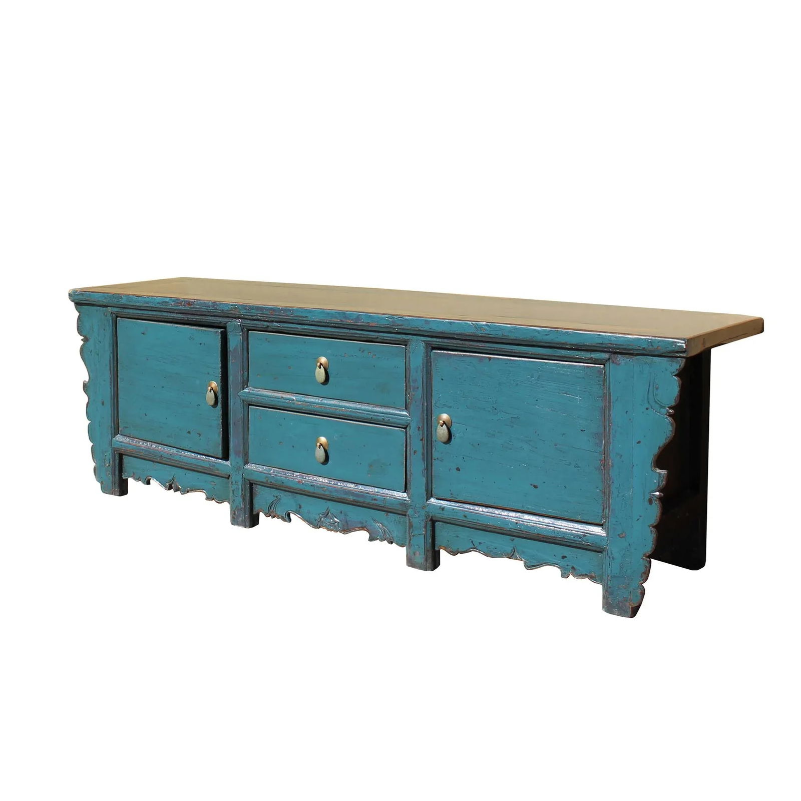 Oriental Distressed Rustic Teal Blue Lacquer Low Console Table Cabinet - 5