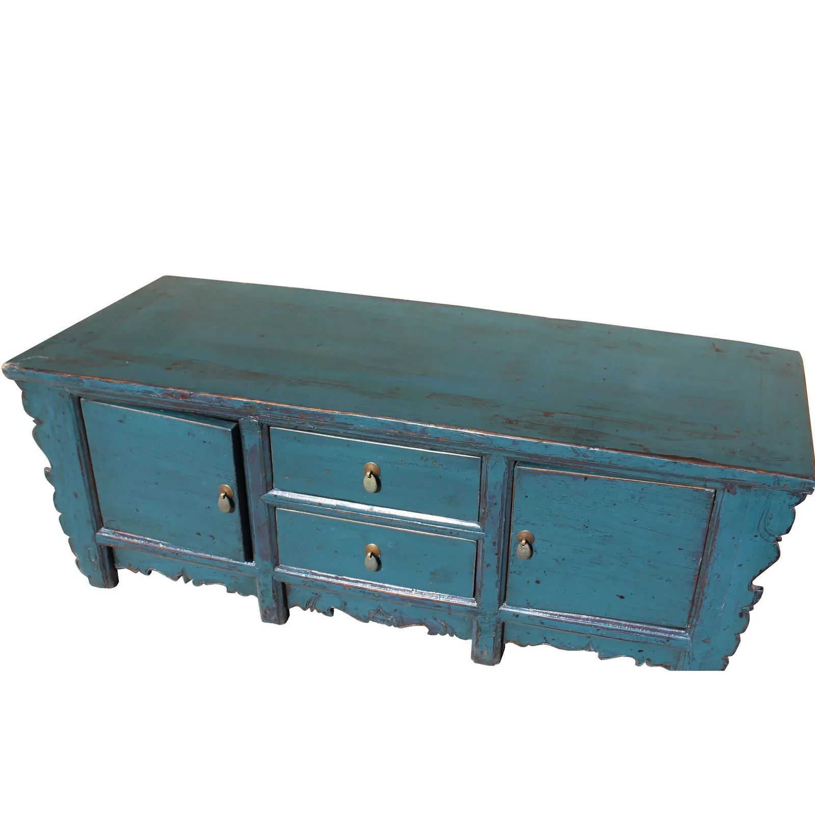 Oriental Distressed Rustic Teal Blue Lacquer Low Console Table Cabinet - 7