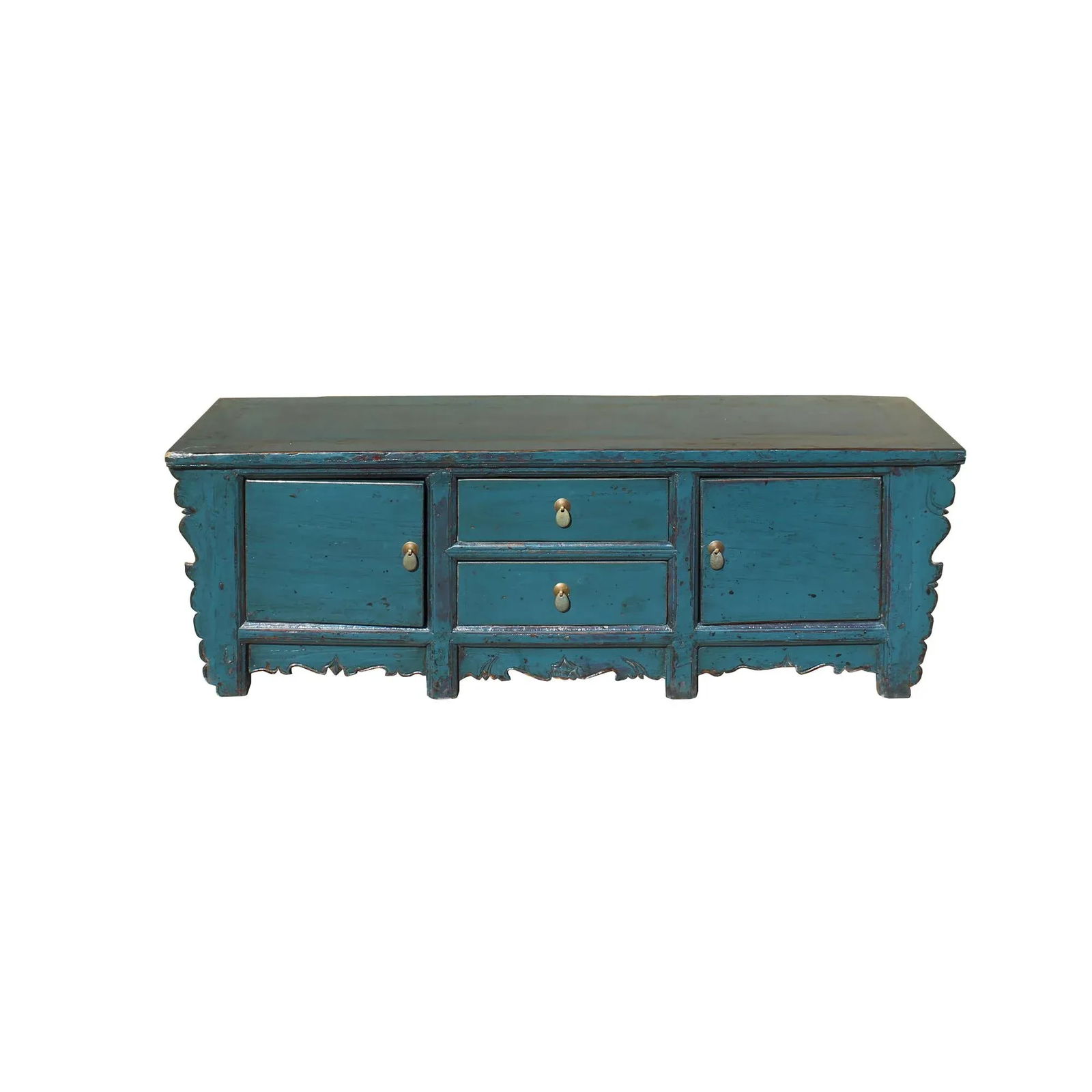 Oriental Distressed Rustic Teal Blue Lacquer Low Console Table Cabinet - 8