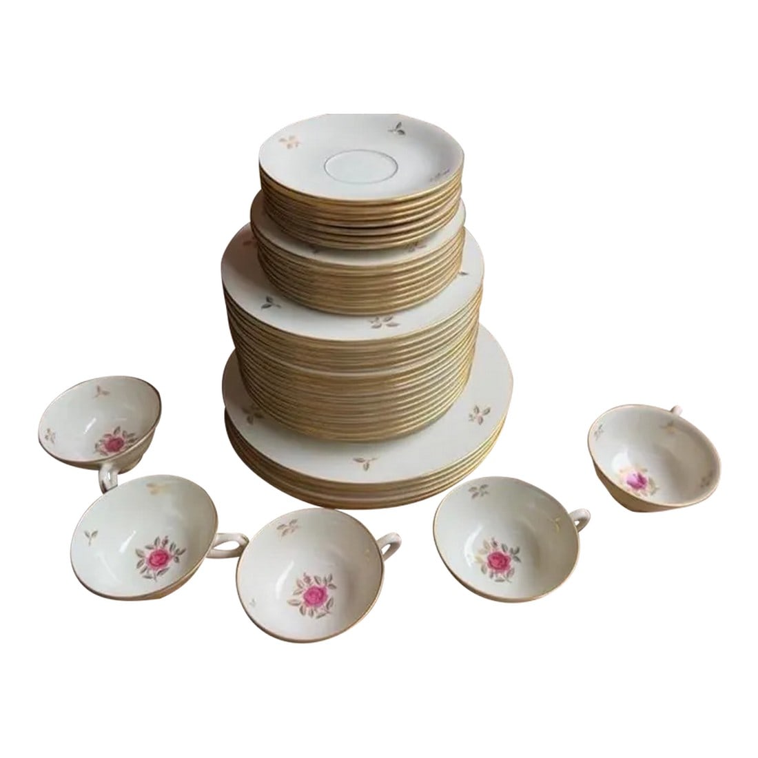 1970s Roses Plate and Coffee Set- 34 Pieces: This is a beautiful set of dishes with a rose design on them. These would look perfect in any home and are great for the interior design enthusiast! Condition: Alterations: Original Condition