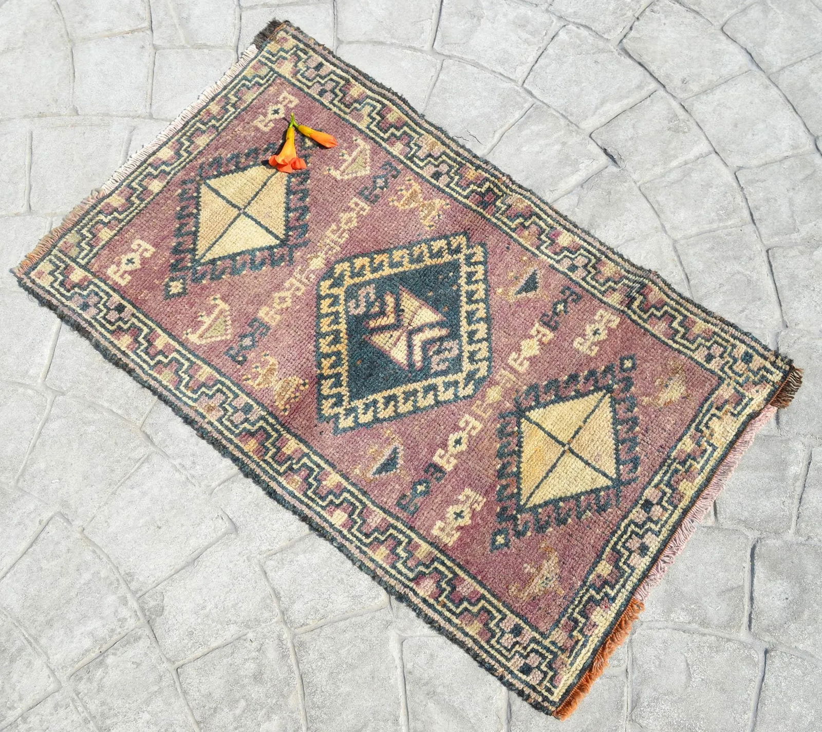 Antiaque Kurdish Rug Distressed Low Pile Yastik Petite Rug Low Pile Faded Mat - 20'' X 32'' - 2