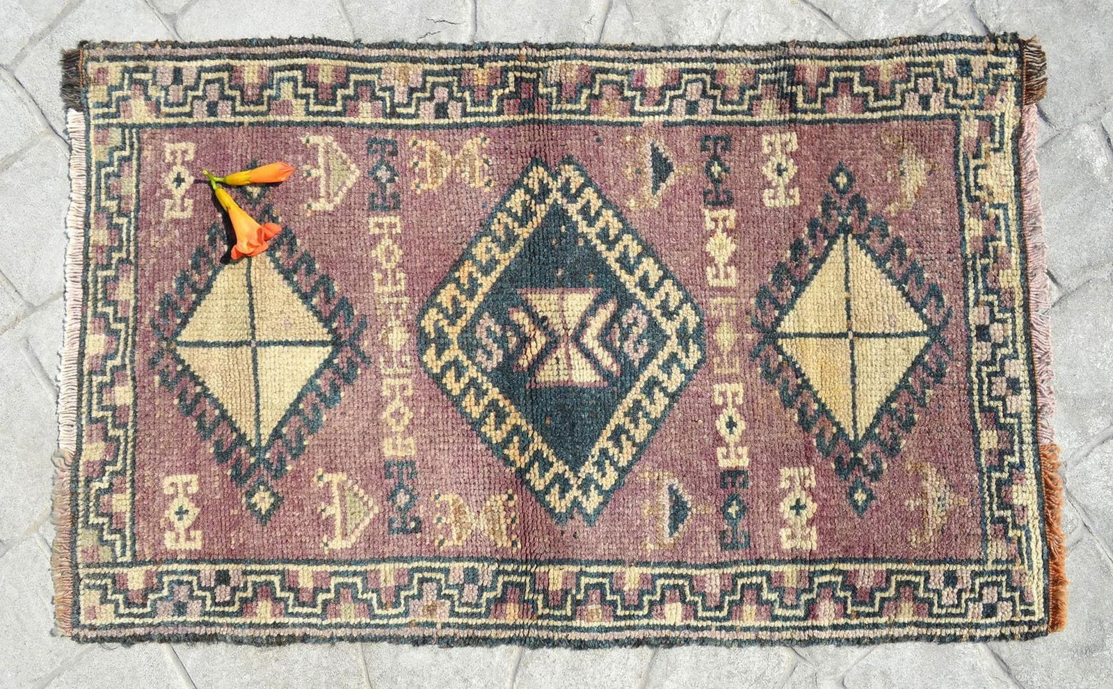 Antiaque Kurdish Rug Distressed Low Pile Yastik Petite Rug Low Pile Faded Mat - 20'' X 32'' - 3