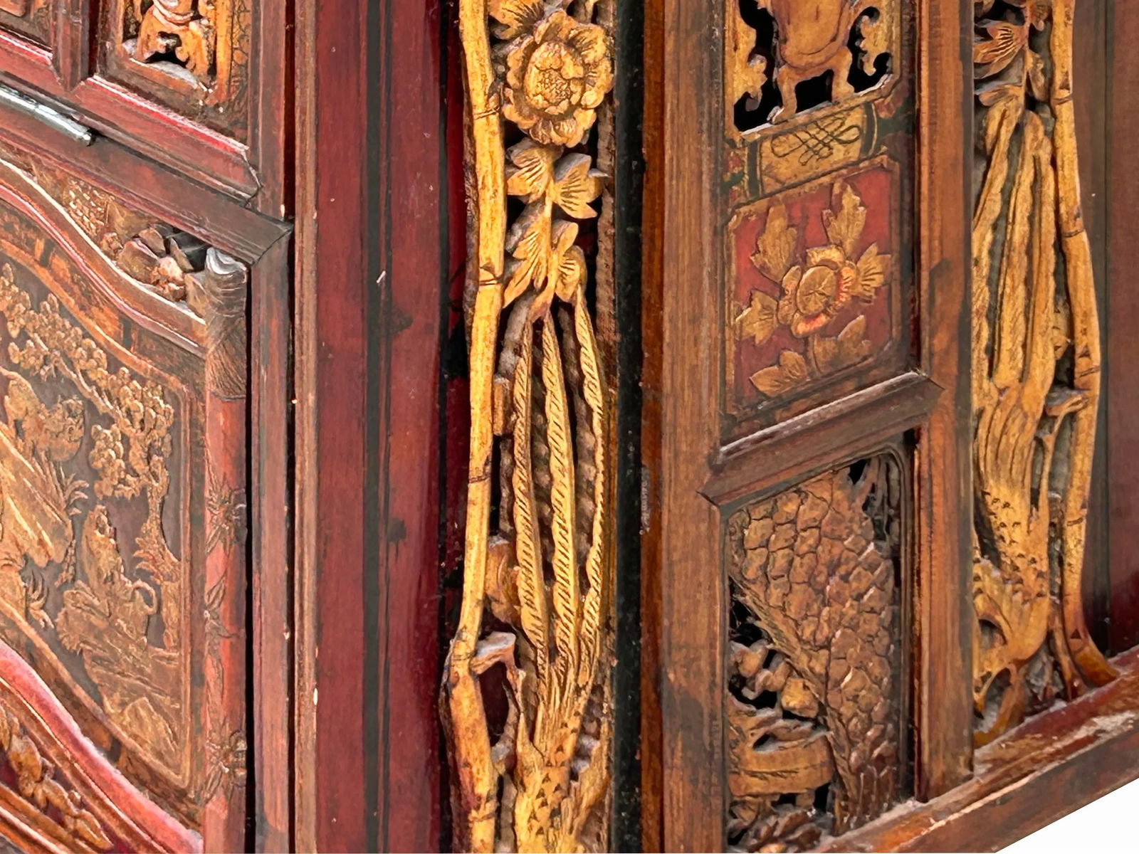 Vintage Chinese Fujian Golden Carving Wedding Trunk Cabinet Chest - 10