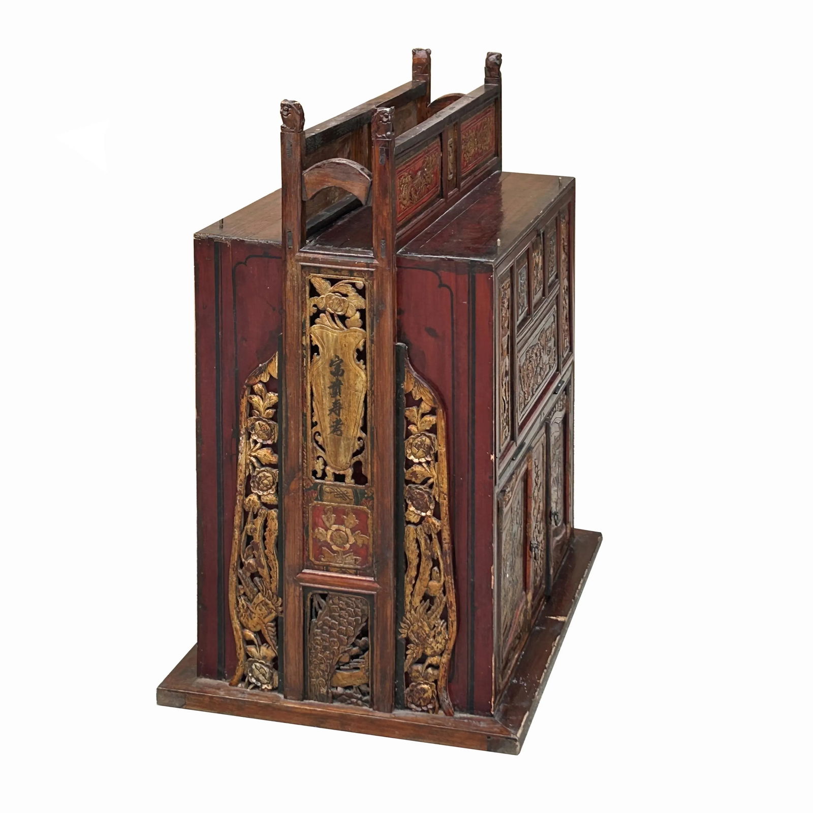 Vintage Chinese Fujian Golden Carving Wedding Trunk Cabinet Chest - 11