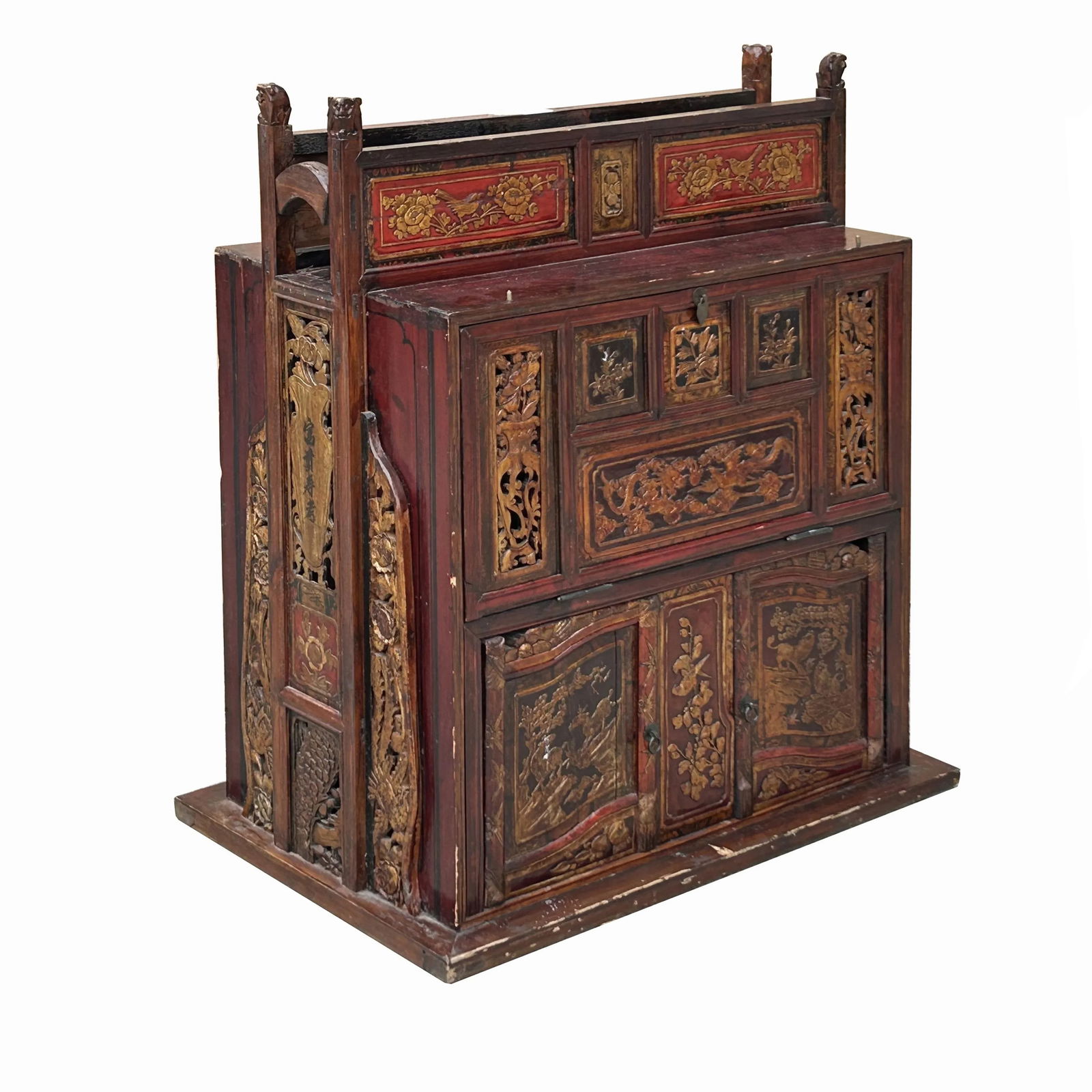 Vintage Chinese Fujian Golden Carving Wedding Trunk Cabinet Chest - 4