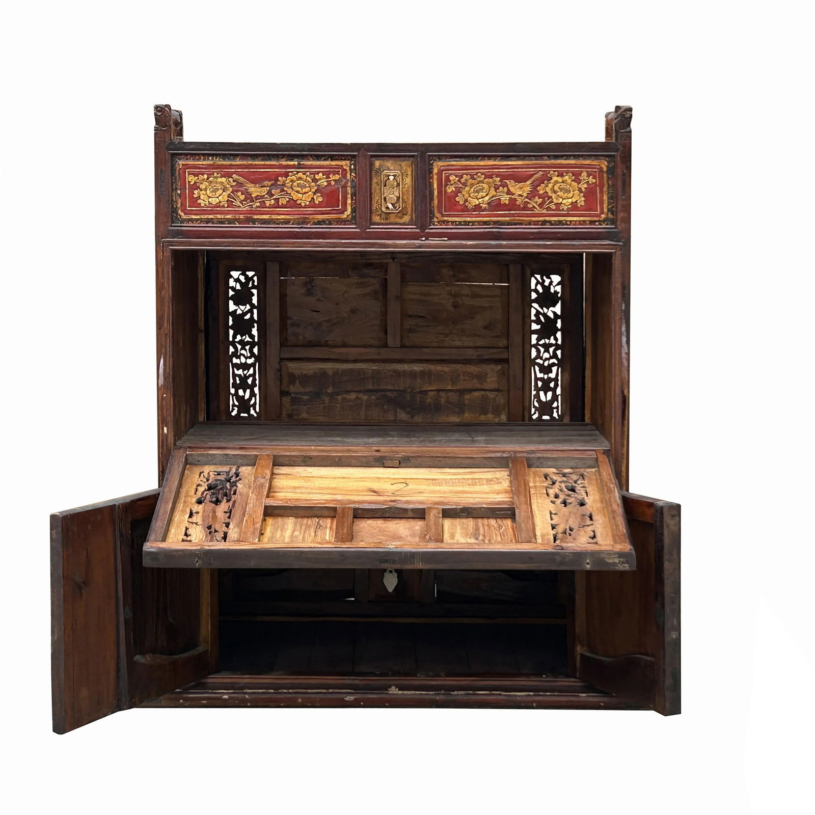 Vintage Chinese Fujian Golden Carving Wedding Trunk Cabinet Chest - 5