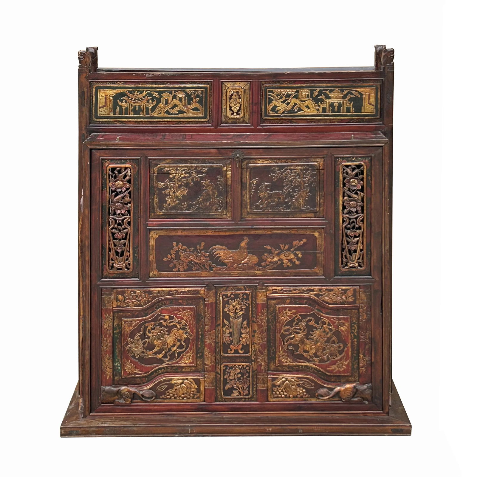 Vintage Chinese Fujian Golden Carving Wedding Trunk Cabinet Chest - 6