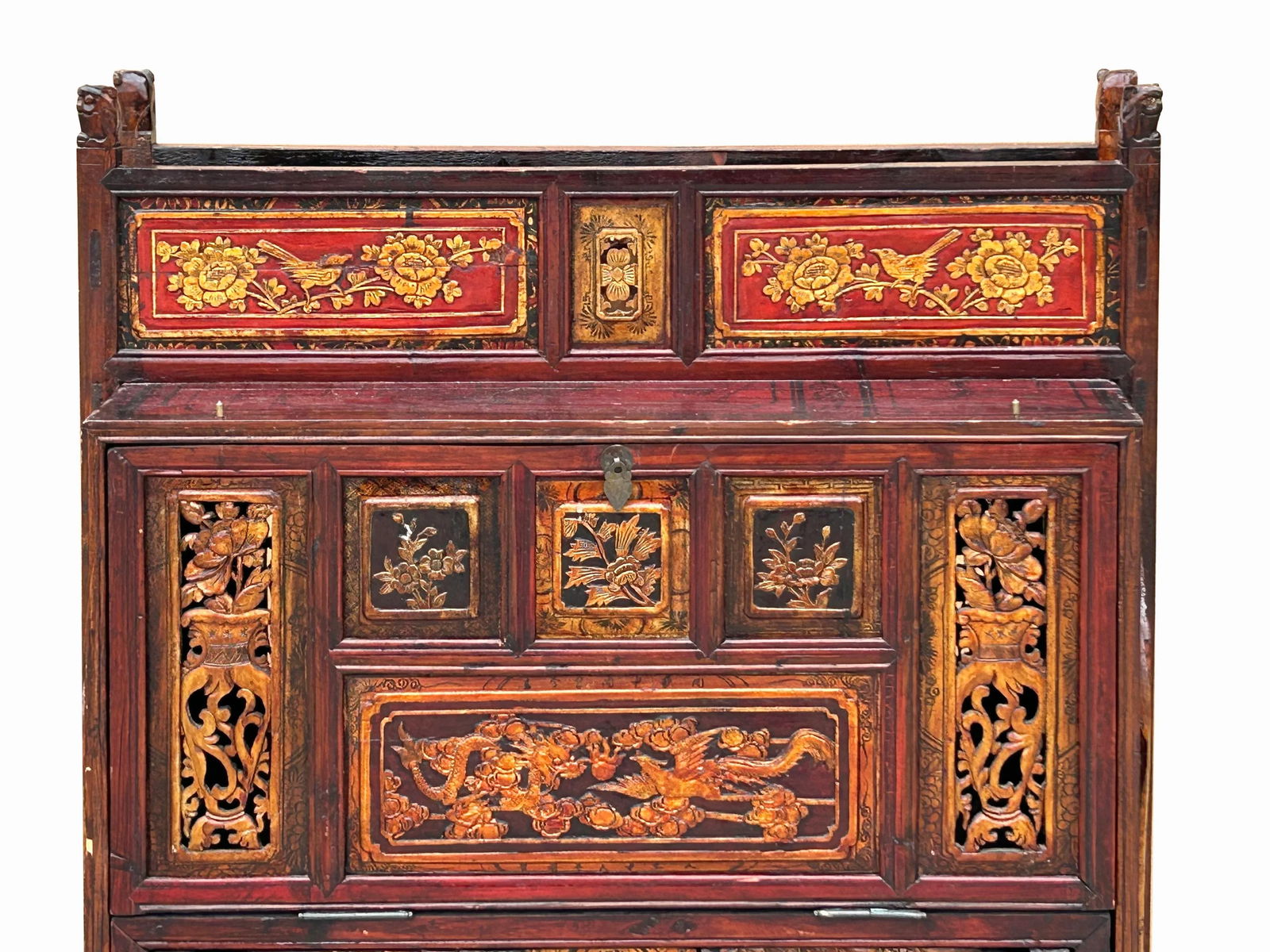 Vintage Chinese Fujian Golden Carving Wedding Trunk Cabinet Chest - 8