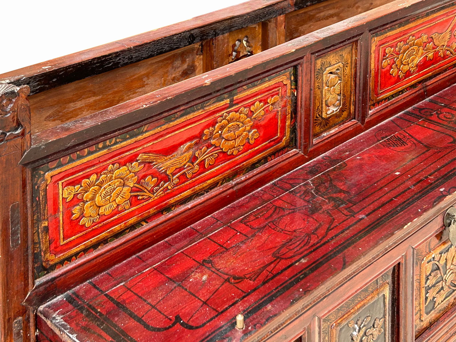 Vintage Chinese Fujian Golden Carving Wedding Trunk Cabinet Chest - 9