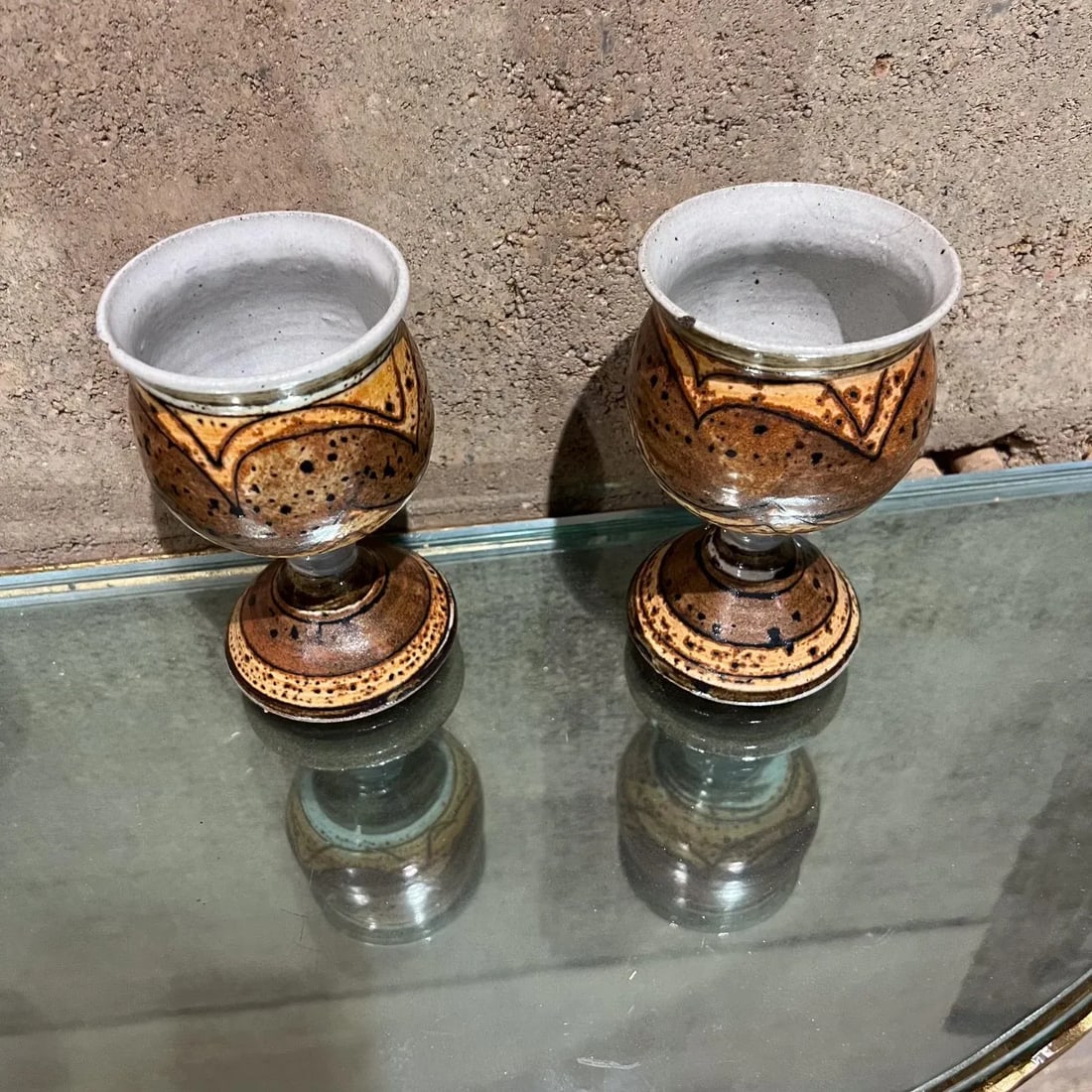 Modern Studio Art Pottery Wine Carafe Set 2 Goblets - 4