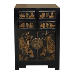 Vintage Oriental Distressed People Golden Graphic Black Side Table Cabinet