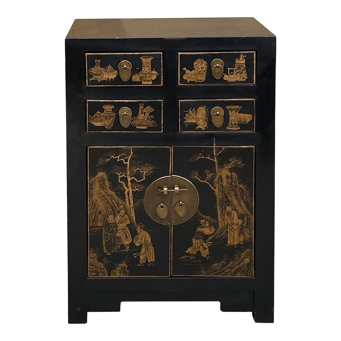 Vintage Oriental Distressed People Golden Graphic Black Side Table Cabinet: This is a short console cabinet side table nightstand in a distressed black base color and decorated with beige bronze copper color oriental people gathering scenery graphic on the doors. It has a