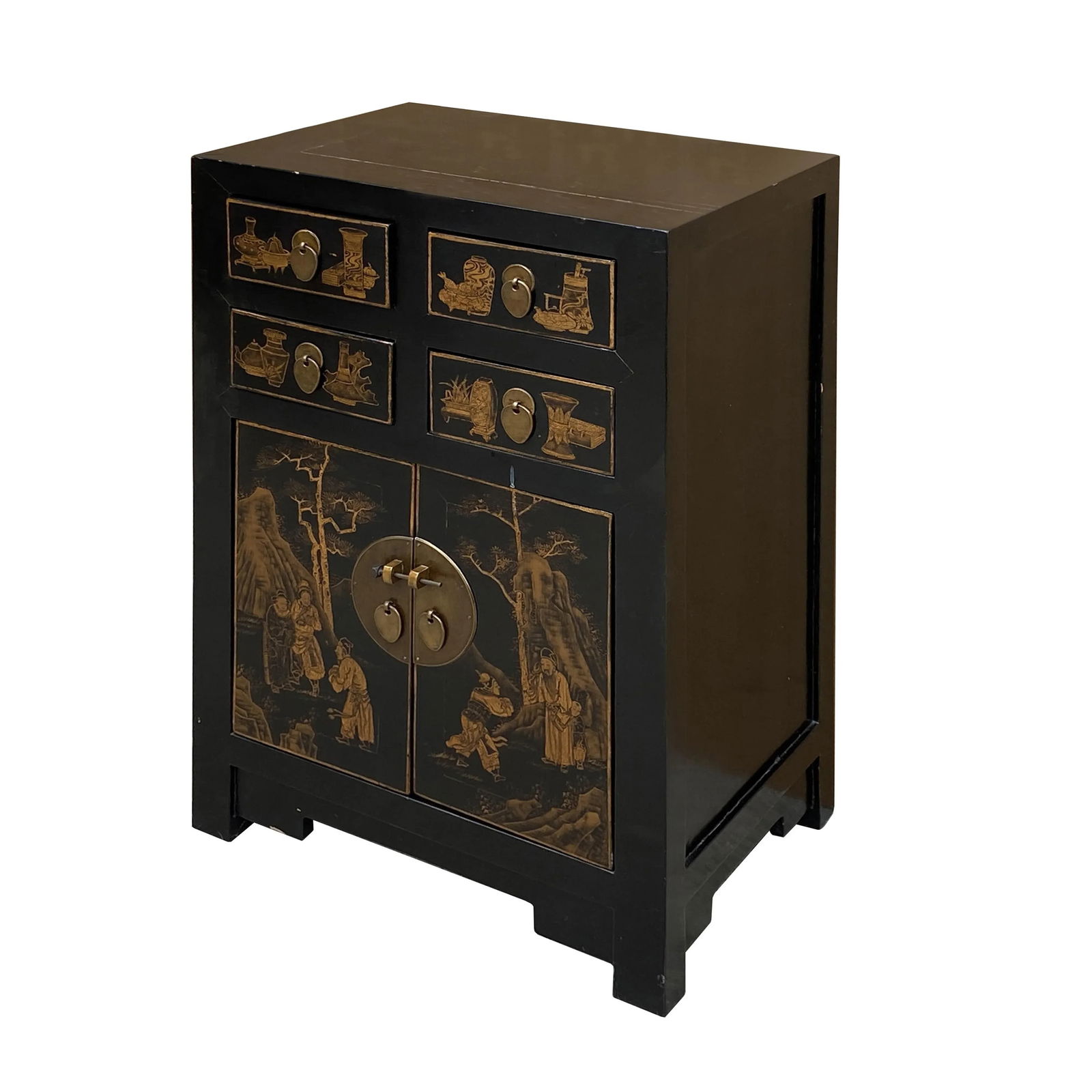 Vintage Oriental Distressed People Golden Graphic Black Side Table Cabinet - 2