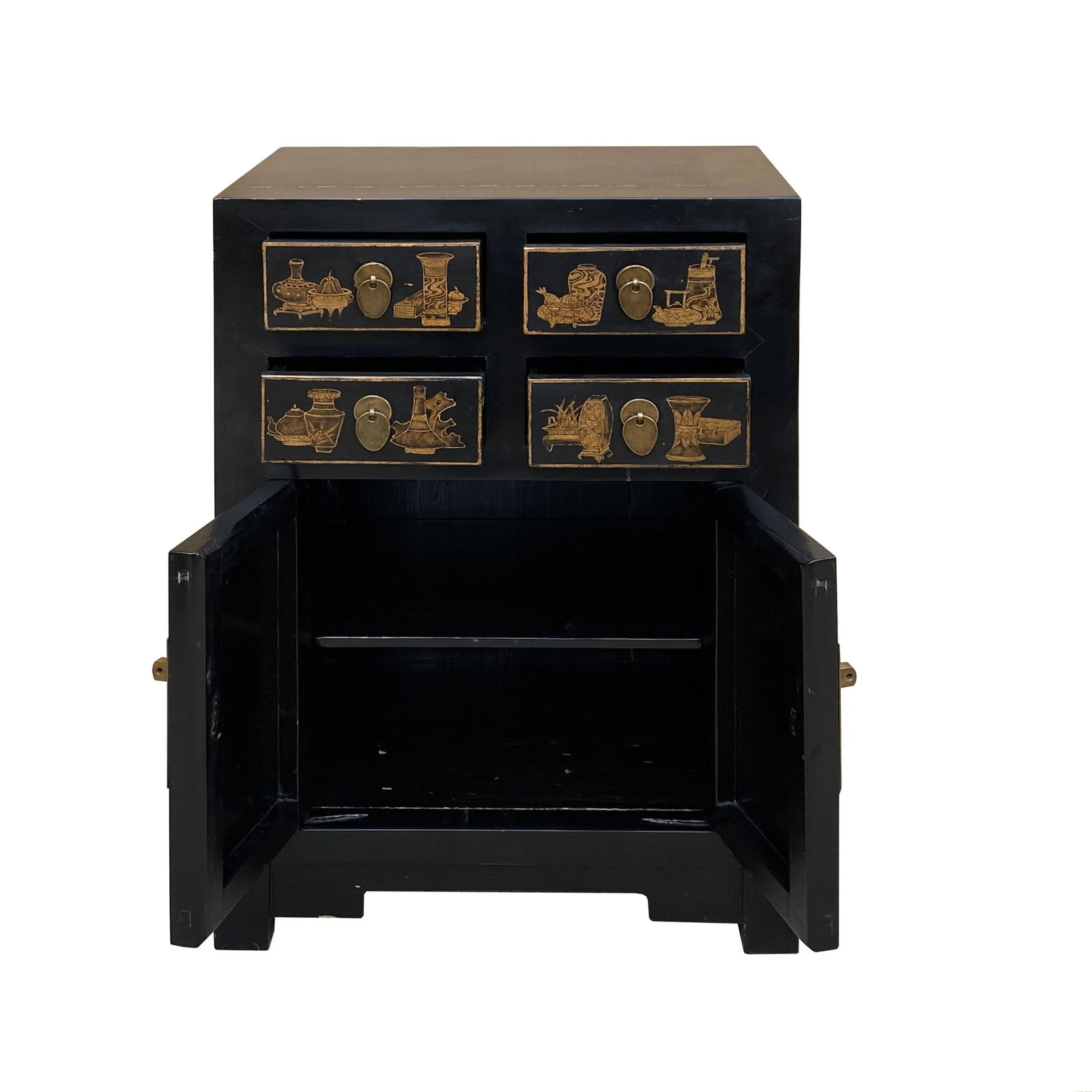 Vintage Oriental Distressed People Golden Graphic Black Side Table Cabinet - 3
