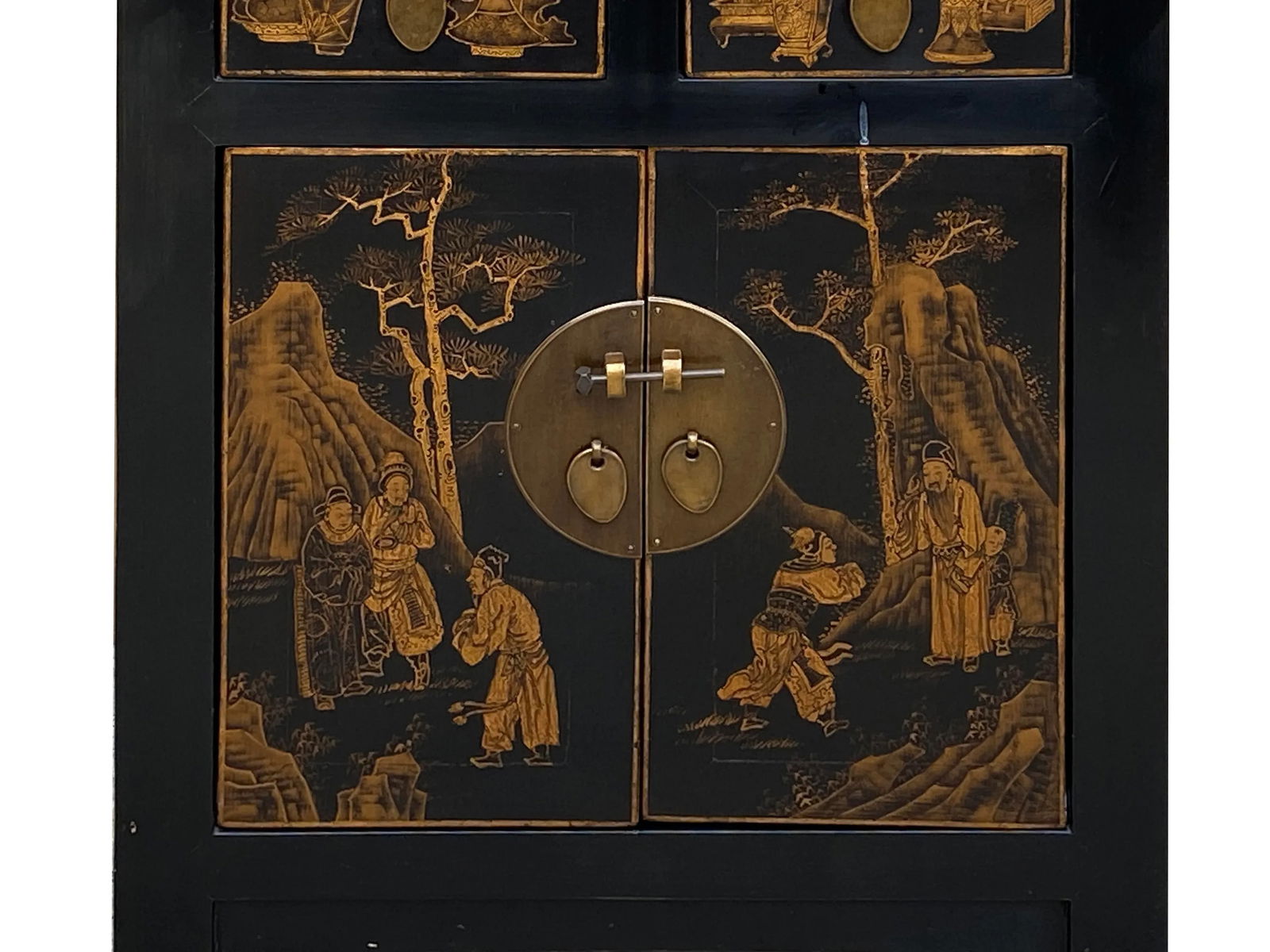 Vintage Oriental Distressed People Golden Graphic Black Side Table Cabinet - 4