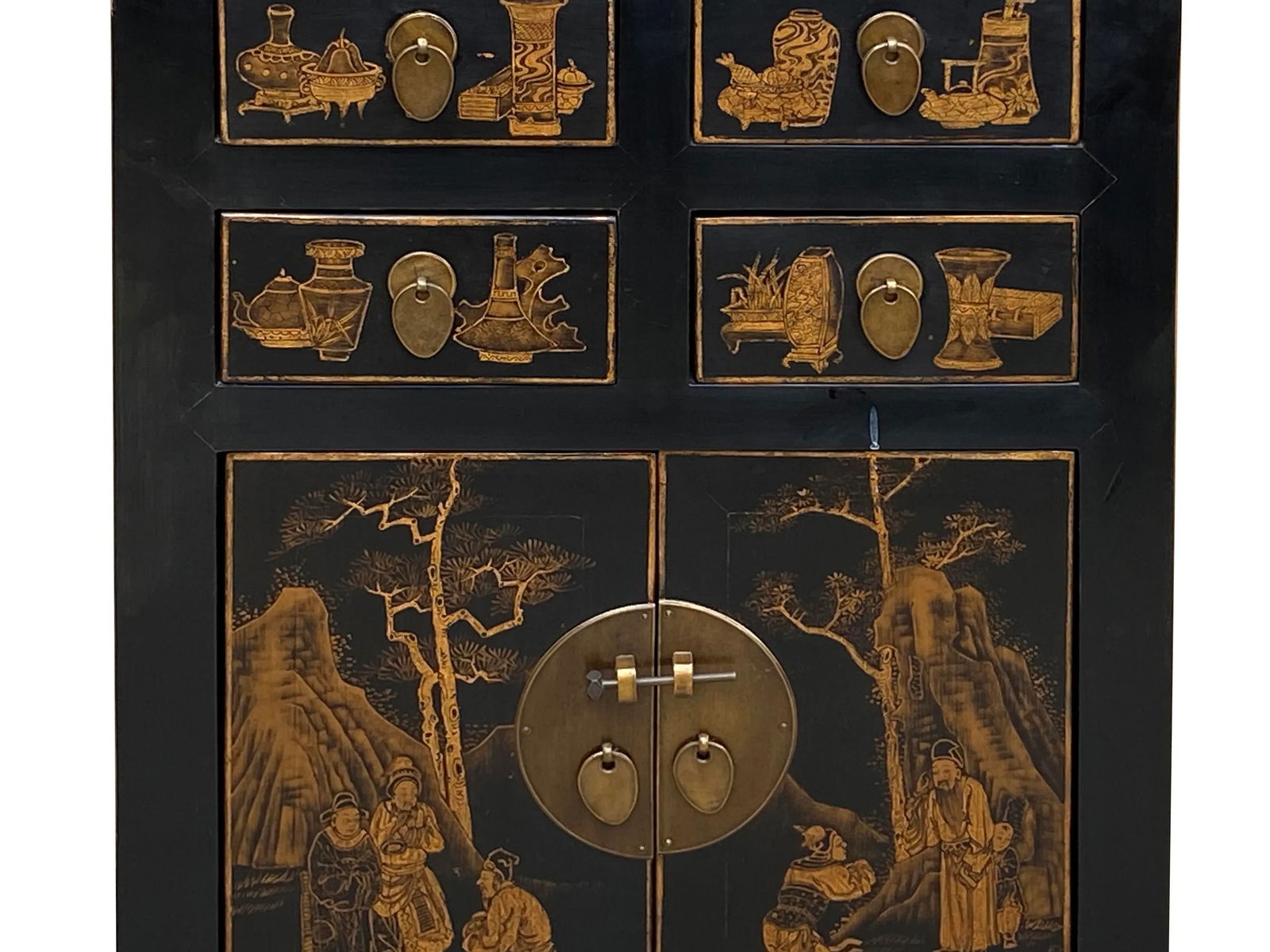 Vintage Oriental Distressed People Golden Graphic Black Side Table Cabinet - 5