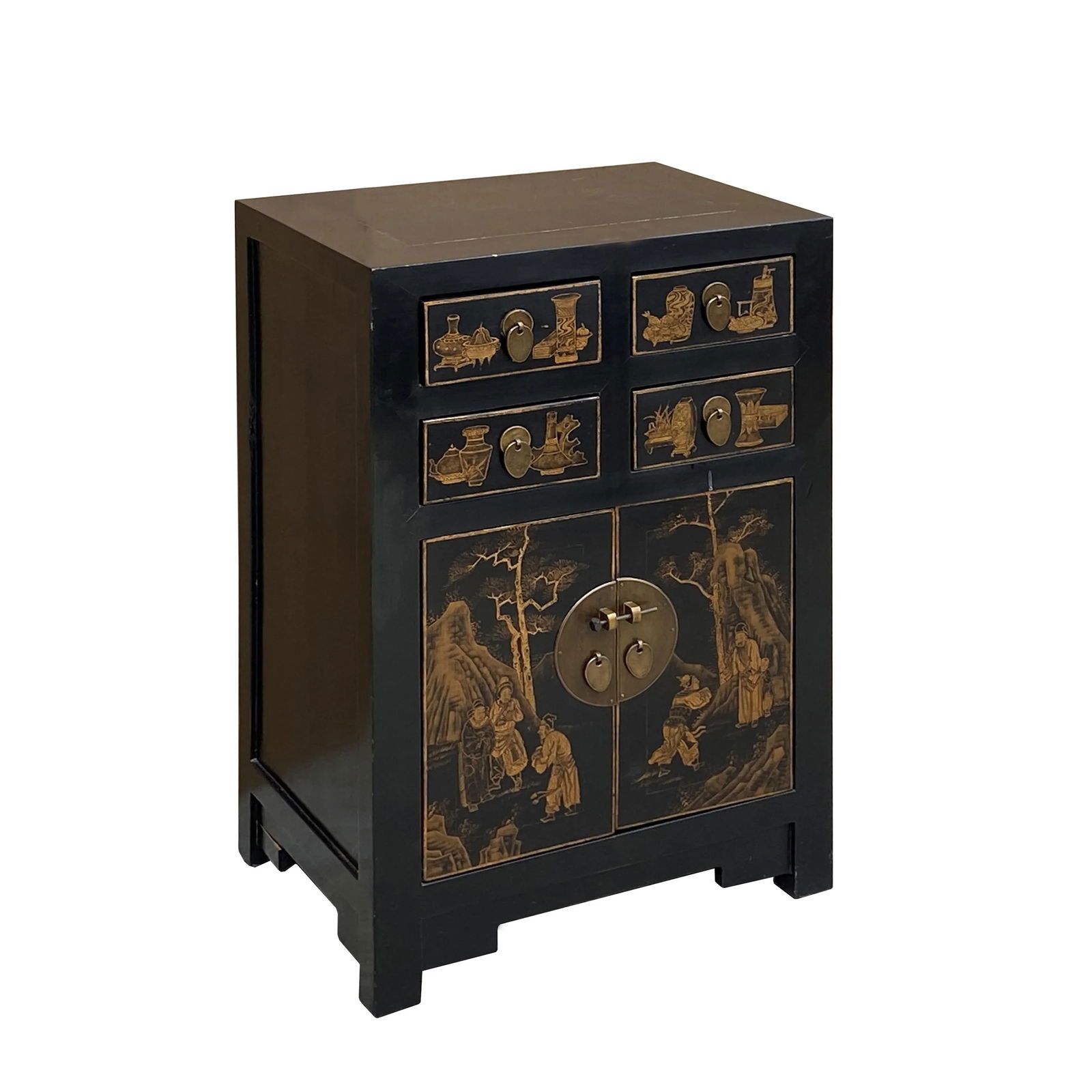 Vintage Oriental Distressed People Golden Graphic Black Side Table Cabinet - 6