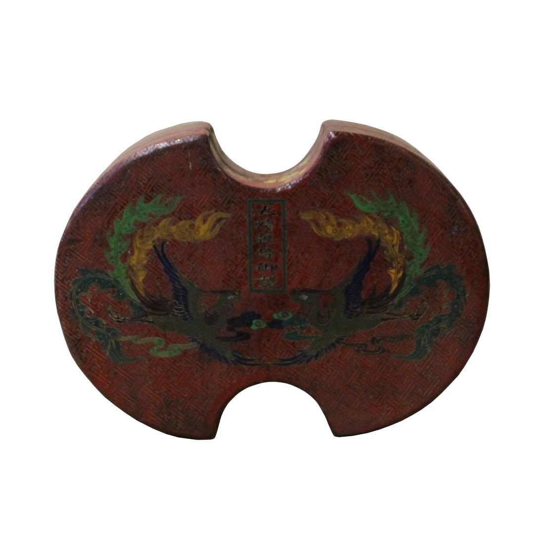 Chinese Distressed Brown Lacquer Oval Phoenix Graphic Box: This is a handmade Chinese accent decorative box made of wood and finished with a distressed brown base color. The surface is a colorful graphic of Qing Dynasty style motifs. It is a production with Q