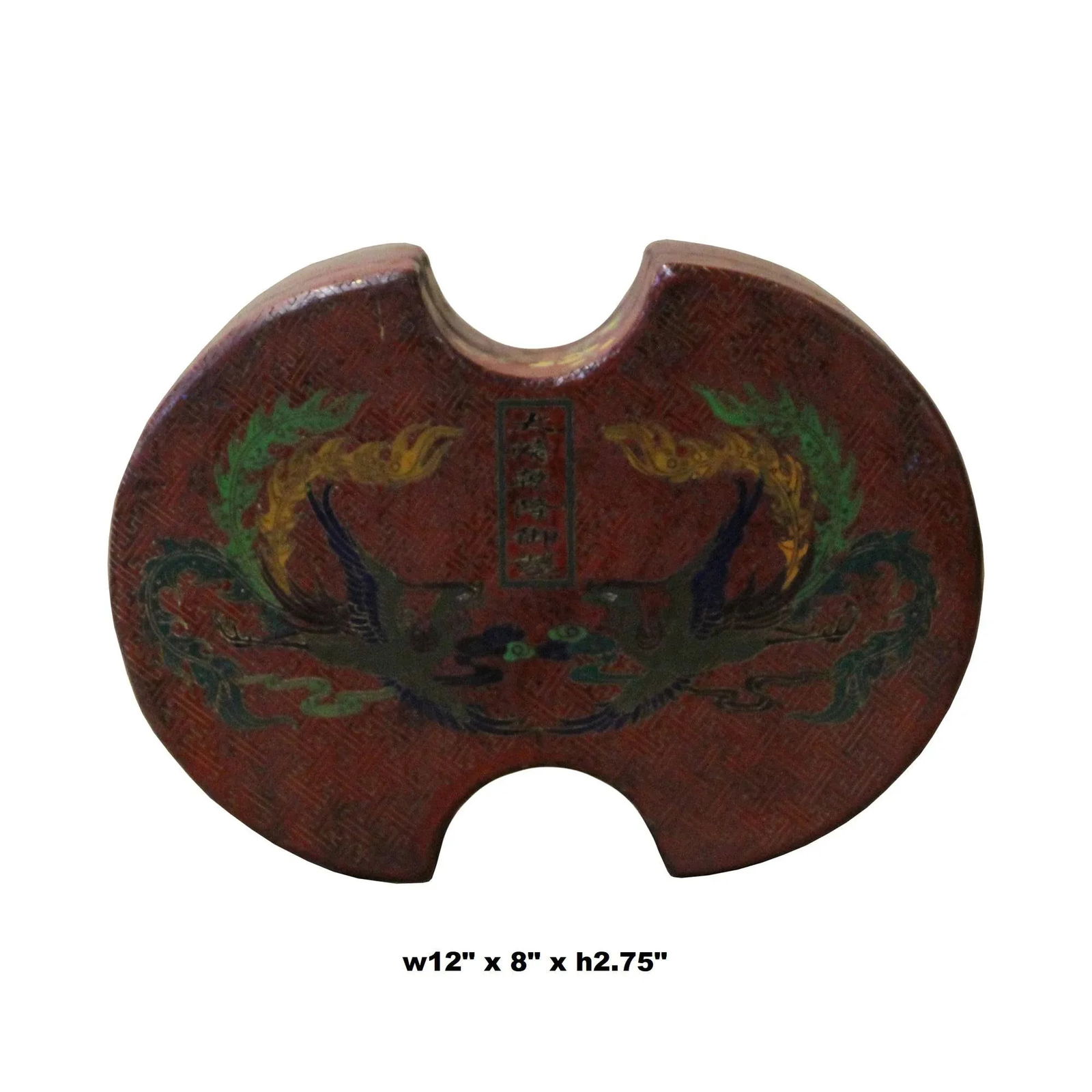 Chinese Distressed Brown Lacquer Oval Phoenix Graphic Box - 2