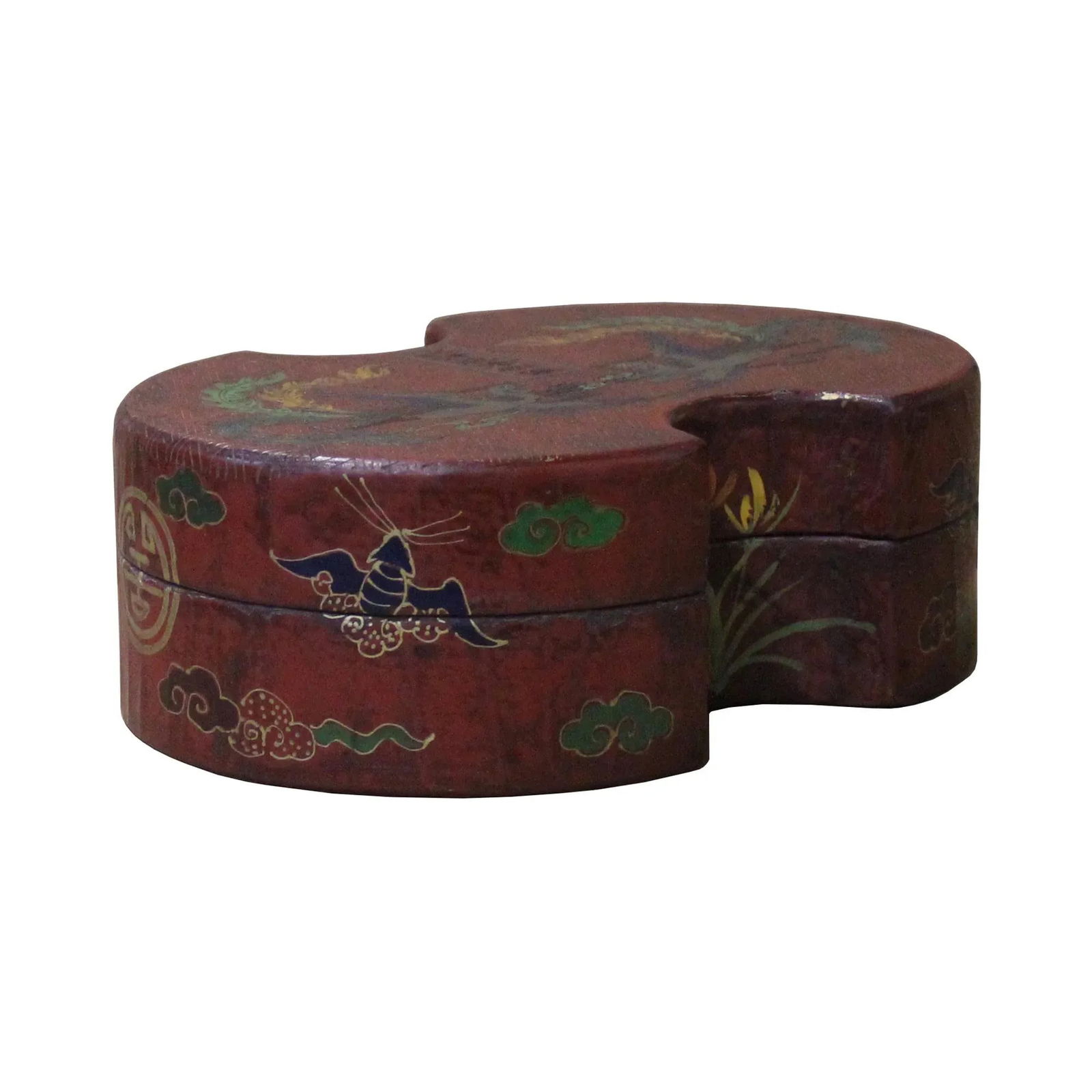 Chinese Distressed Brown Lacquer Oval Phoenix Graphic Box - 3