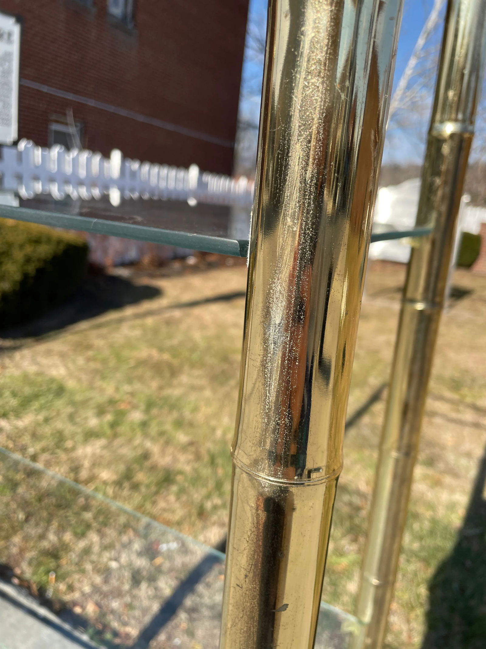 Mid 20th Century Hollywood Regency Brass Plated Metal Faux Bamboo Bookcase W/ 5 Glass Shelves - 11