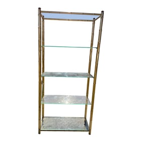 Mid 20th Century Hollywood Regency Brass Plated Metal Faux Bamboo Bookcase W/ 5 Glass Shelves
