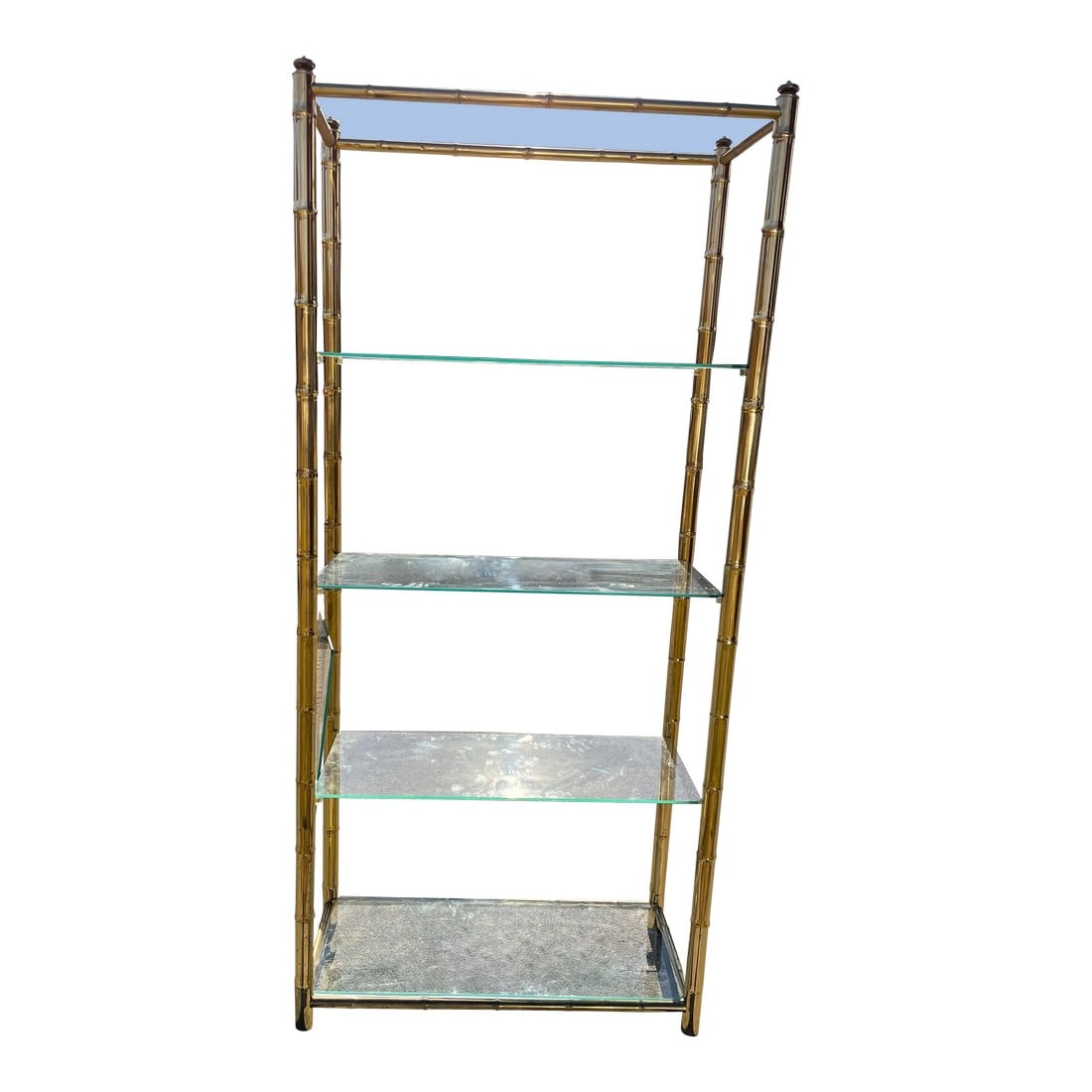 Mid 20th Century Hollywood Regency Brass Plated Metal Faux Bamboo Bookcase W/ 5 Glass Shelves (1 of 12)