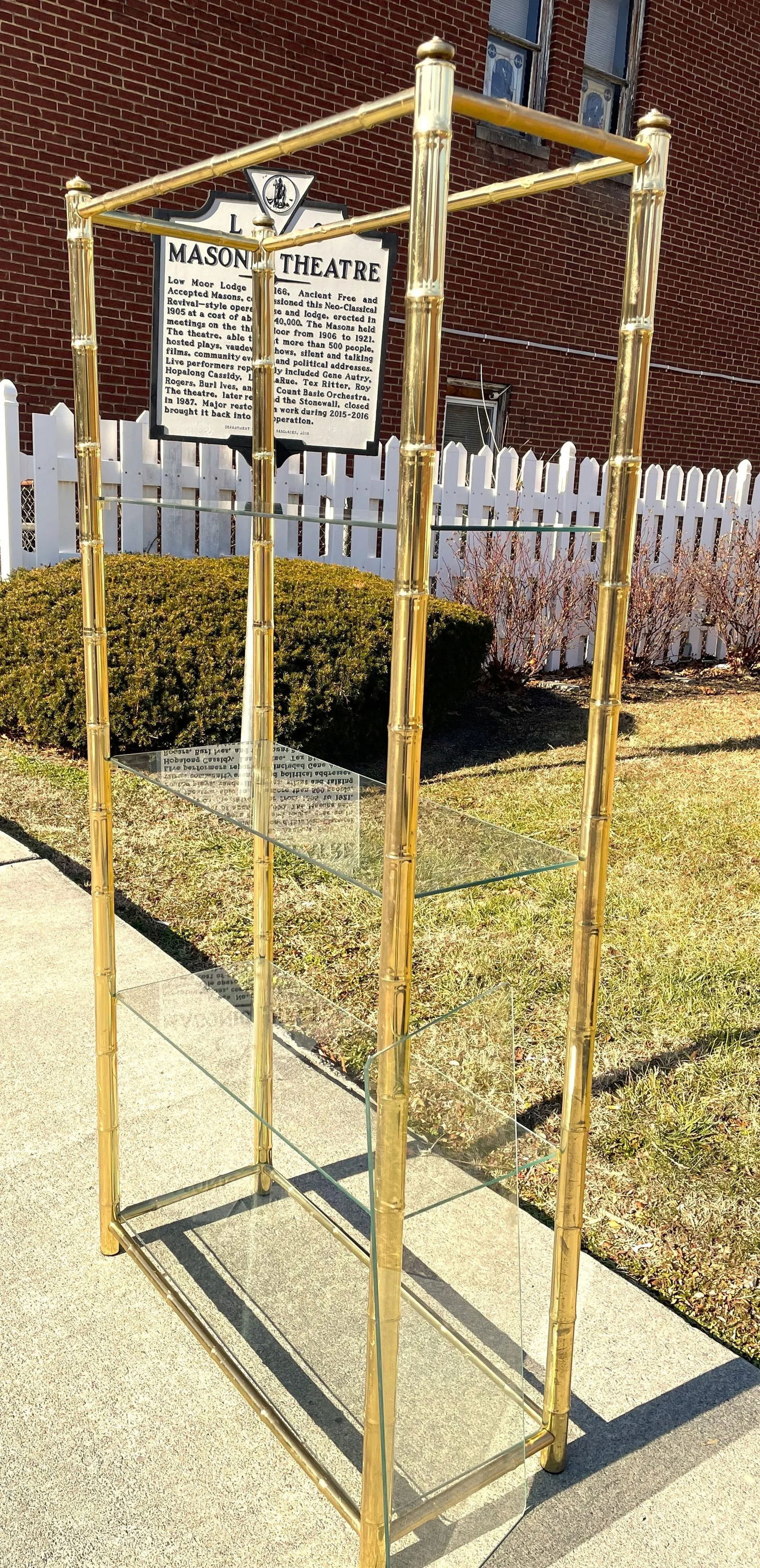Mid 20th Century Hollywood Regency Brass Plated Metal Faux Bamboo Bookcase W/ 5 Glass Shelves - 3