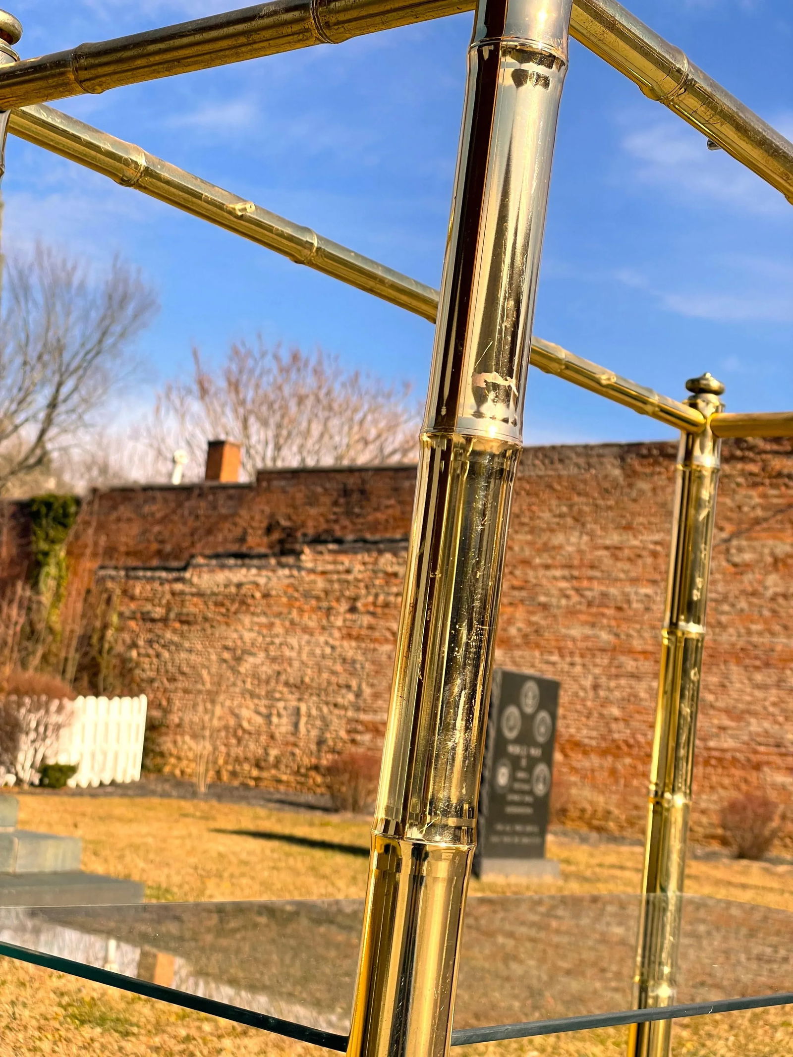 Mid 20th Century Hollywood Regency Brass Plated Metal Faux Bamboo Bookcase W/ 5 Glass Shelves - 4