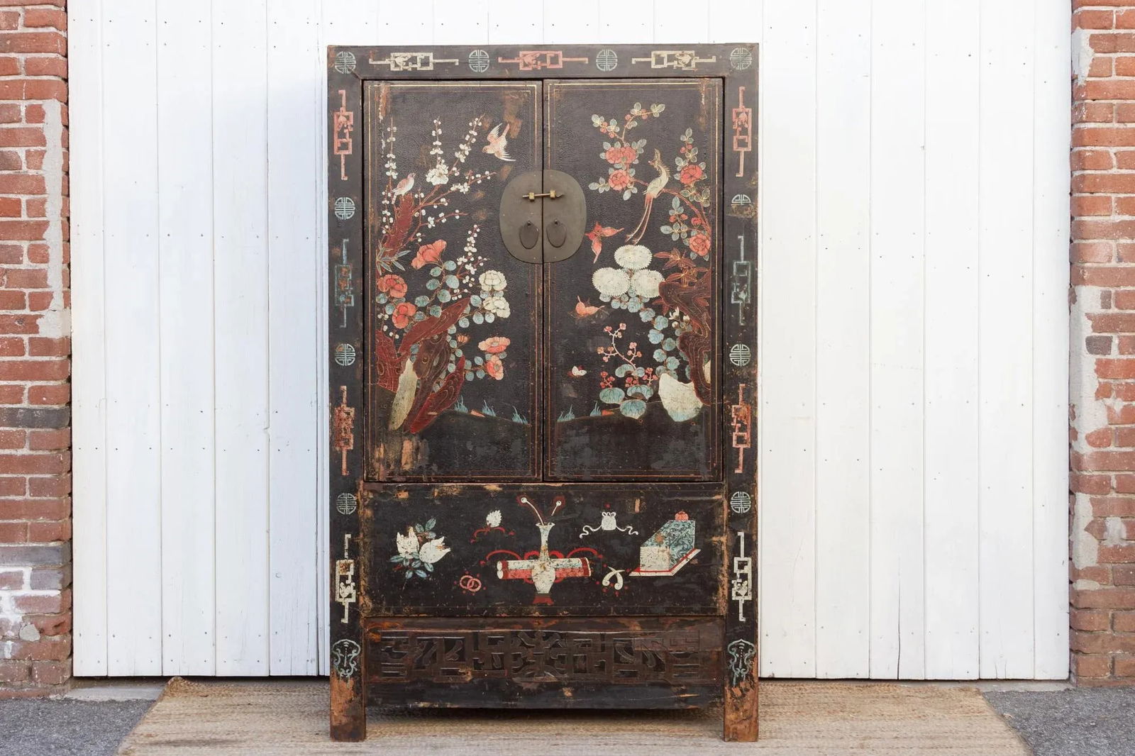 Antique Black & Floral Chinoiserie Armoire - 11