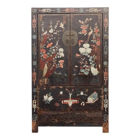 Antique Black & Floral Chinoiserie Armoire