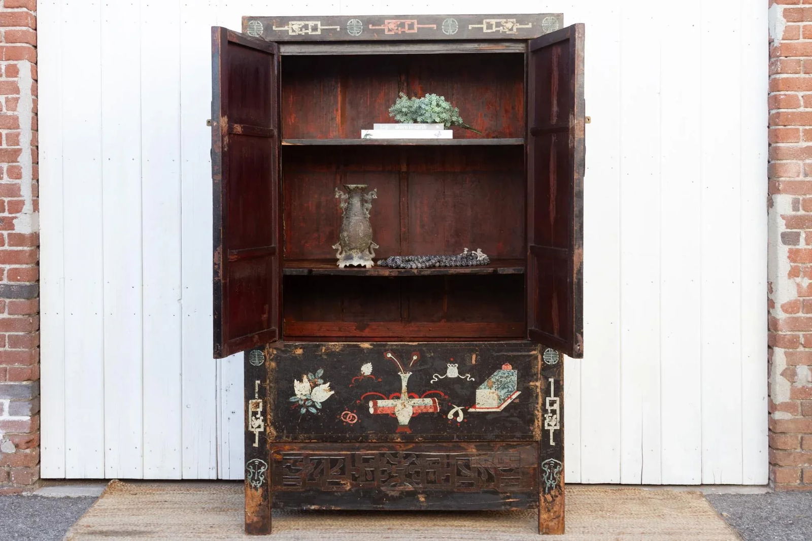 Antique Black & Floral Chinoiserie Armoire - 4