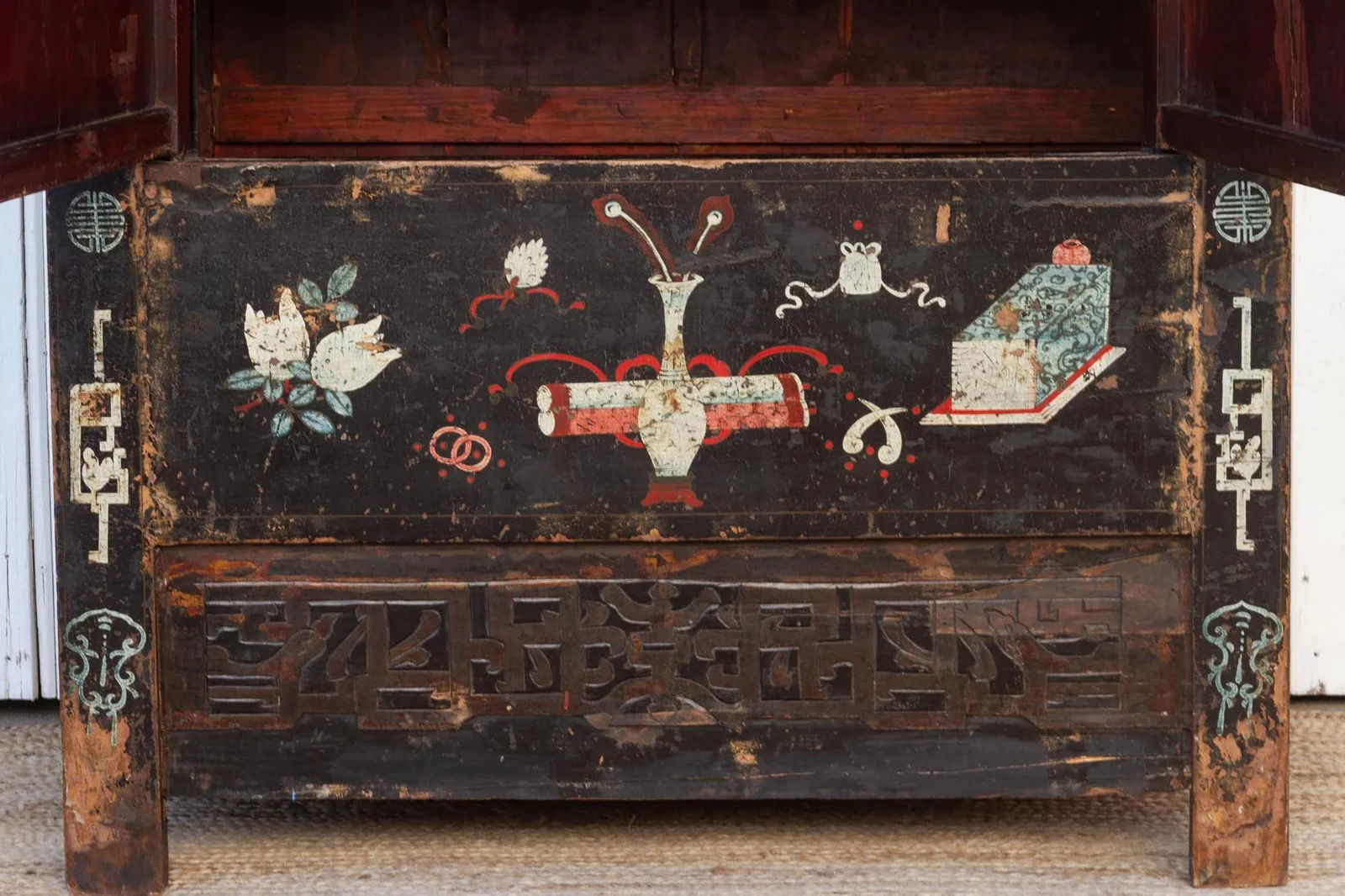 Antique Black & Floral Chinoiserie Armoire - 5