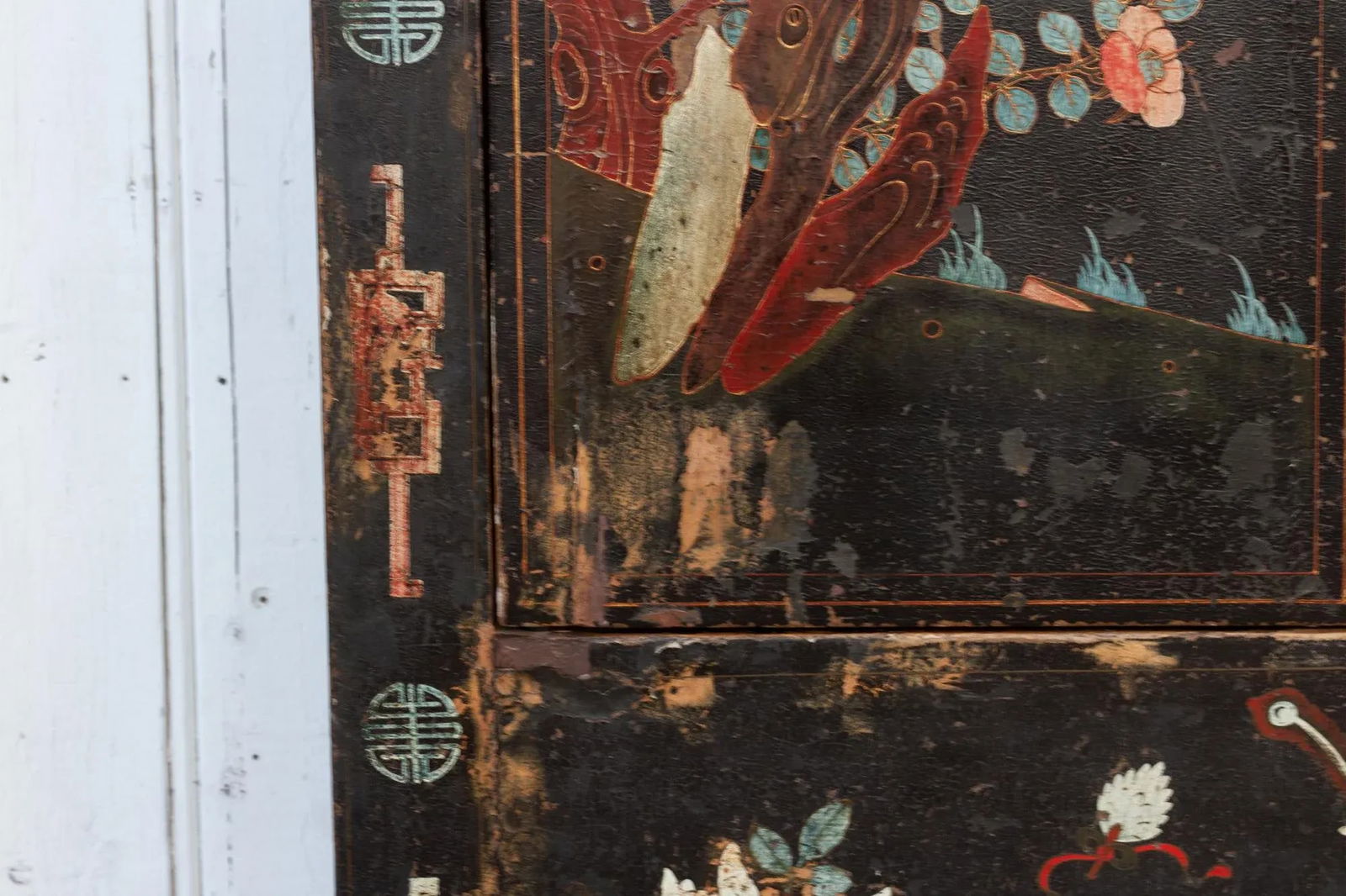 Antique Black & Floral Chinoiserie Armoire - 8