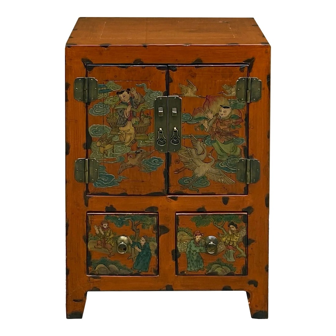 Chinese Distressed Orange People Graphic End Table Nightstand: Introducing a unique and captivating addition to your living space – the Vintage Chinese Distressed Orange People Graphic End Table Nightstand with two drawers. This extraordinary piece of furni