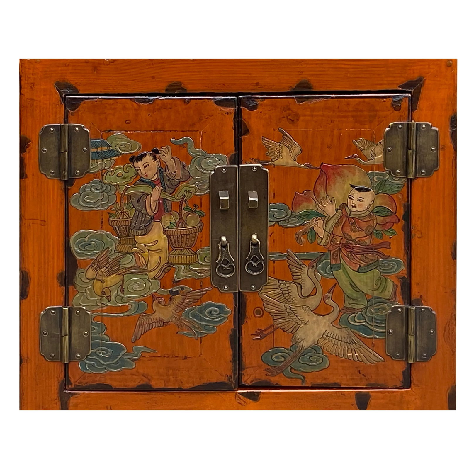 Chinese Distressed Orange People Graphic End Table Nightstand - 6