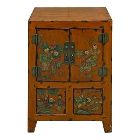 Chinese Distressed Orange People Graphic End Table Nightstand