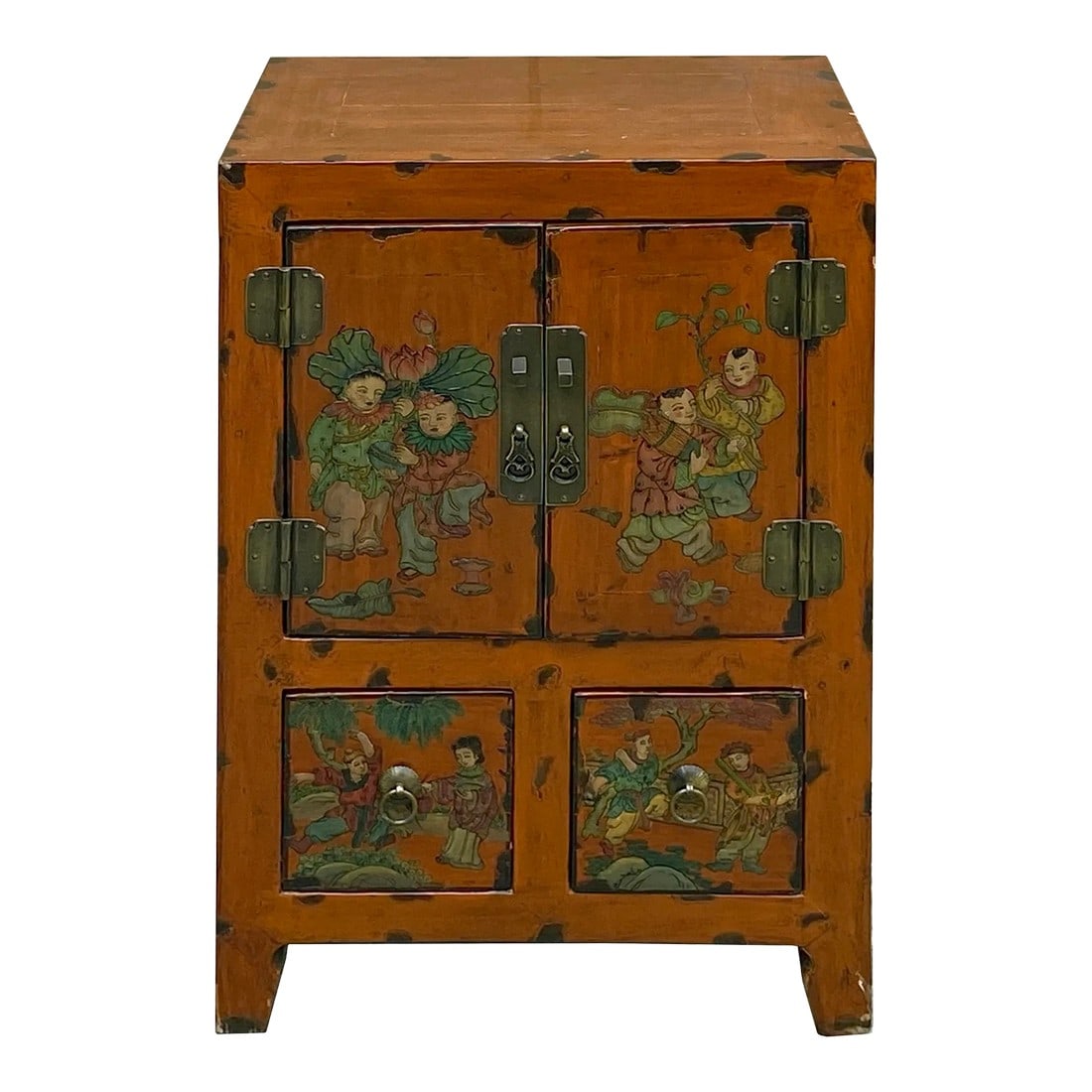 Chinese Distressed Orange People Graphic End Table Nightstand: Introducing a unique and captivating addition to your living space – the Vintage Chinese Distressed Orange People Graphic End Table Nightstand with two drawers. This extraordinary piece of furni