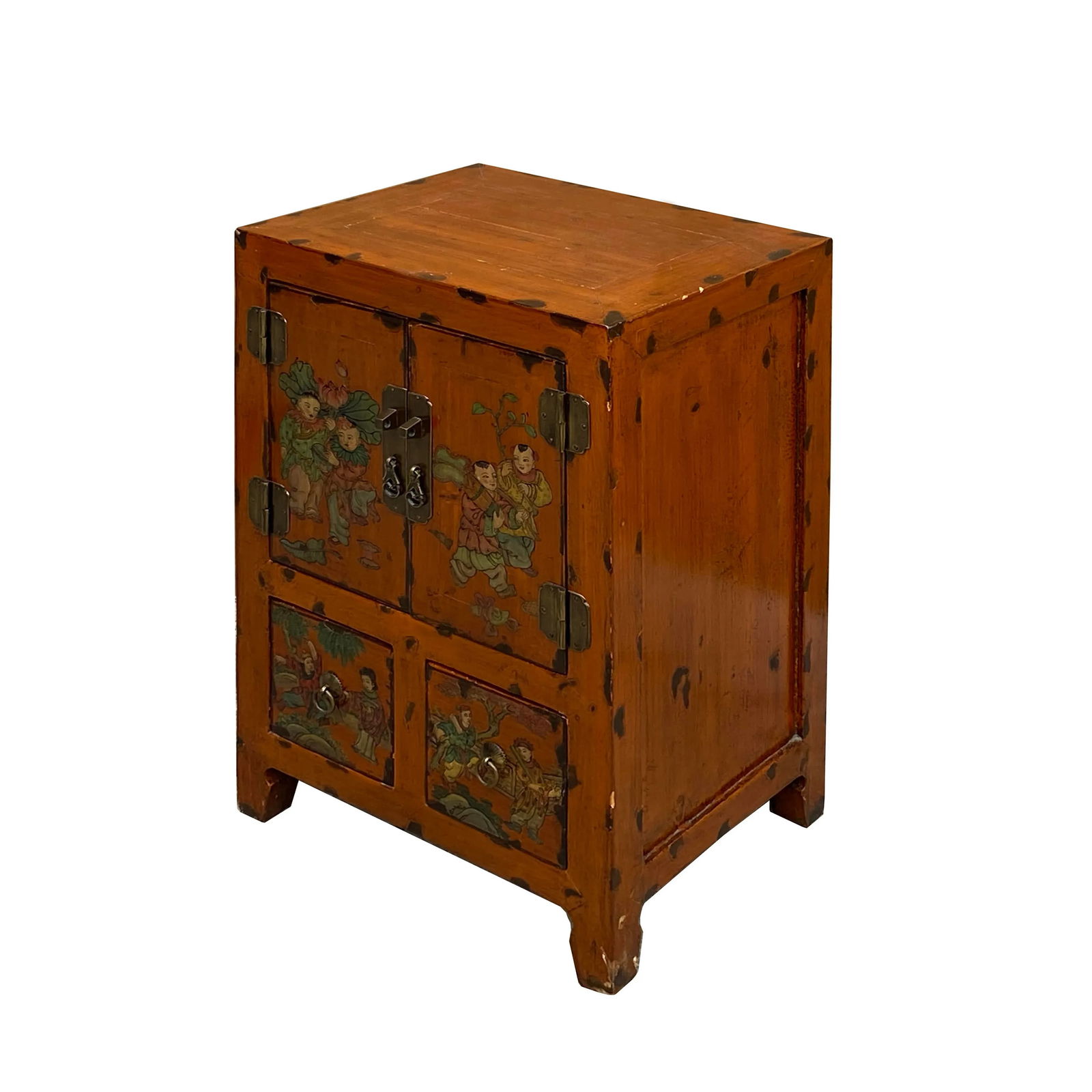 Chinese Distressed Orange People Graphic End Table Nightstand - 4