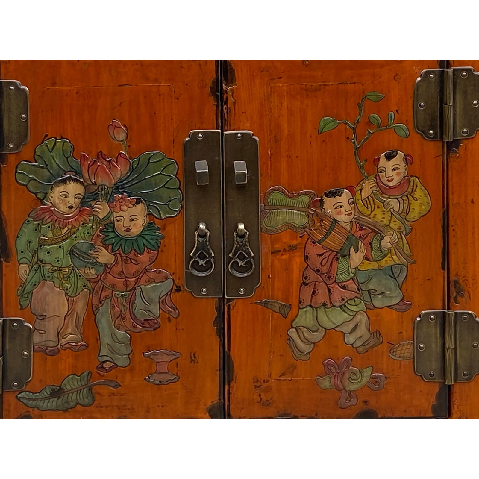 Chinese Distressed Orange People Graphic End Table Nightstand - 5