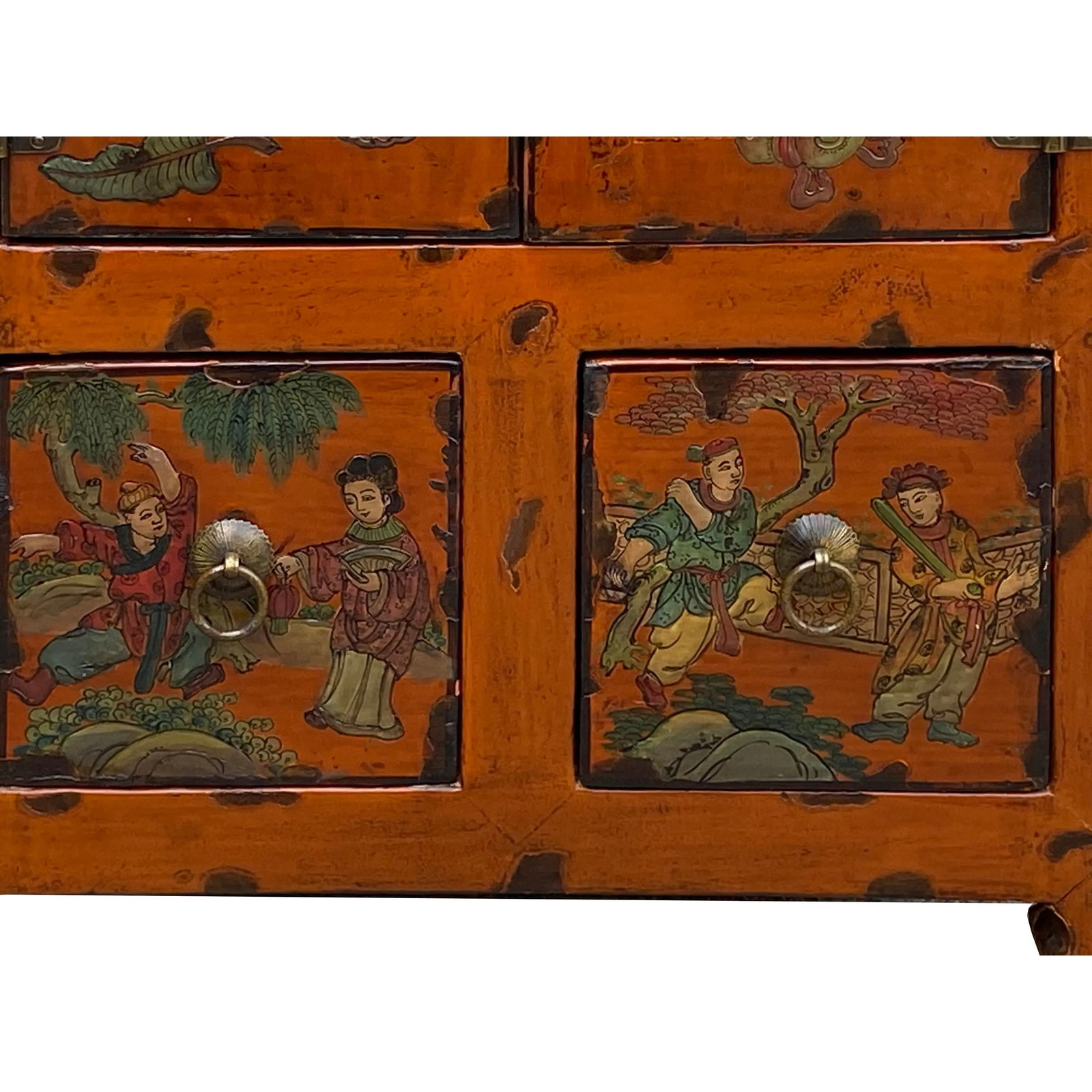 Chinese Distressed Orange People Graphic End Table Nightstand - 6