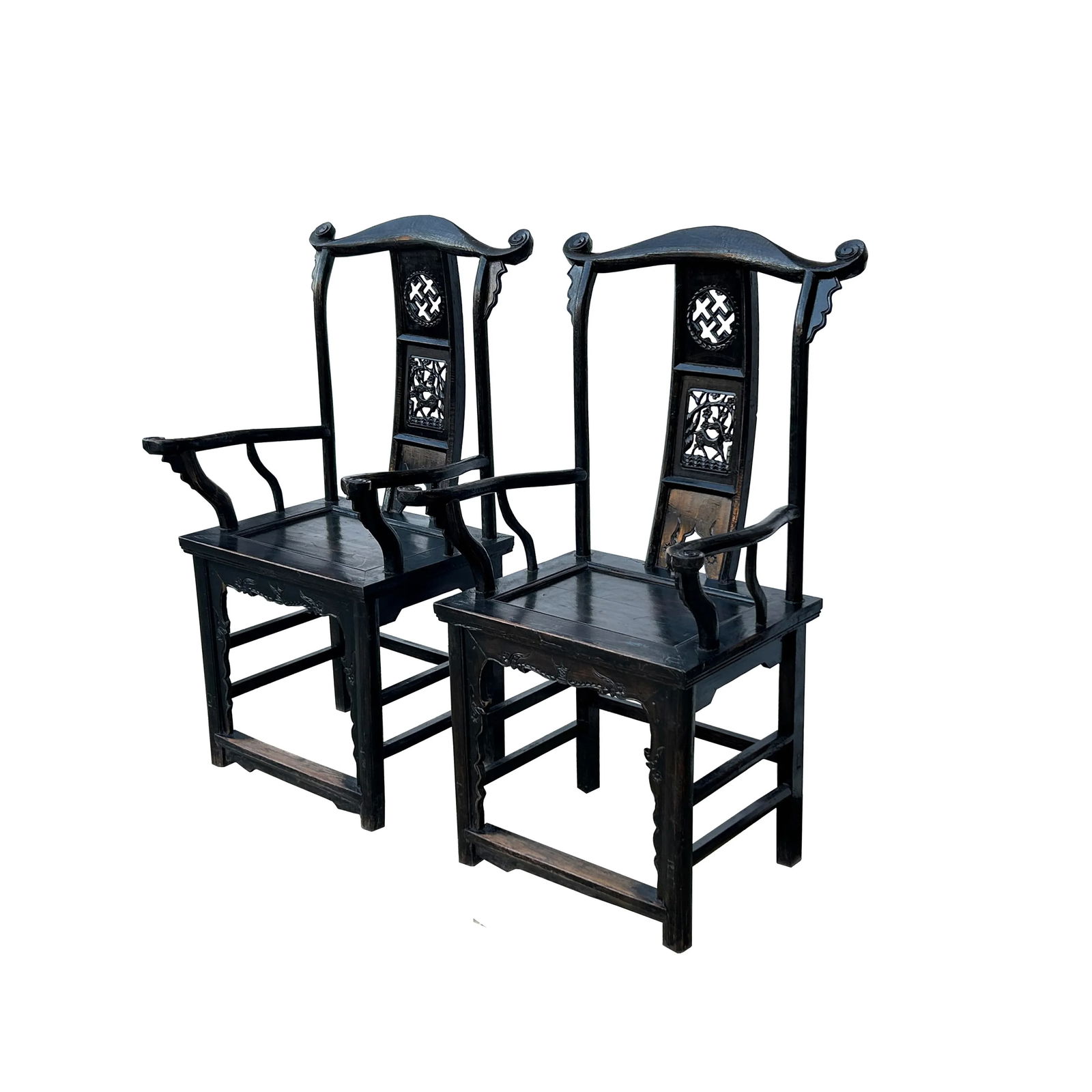 Pair Vintage Chinese Rustic Black Lacquer Deer Motif Yoke-Back Armchairs - 2