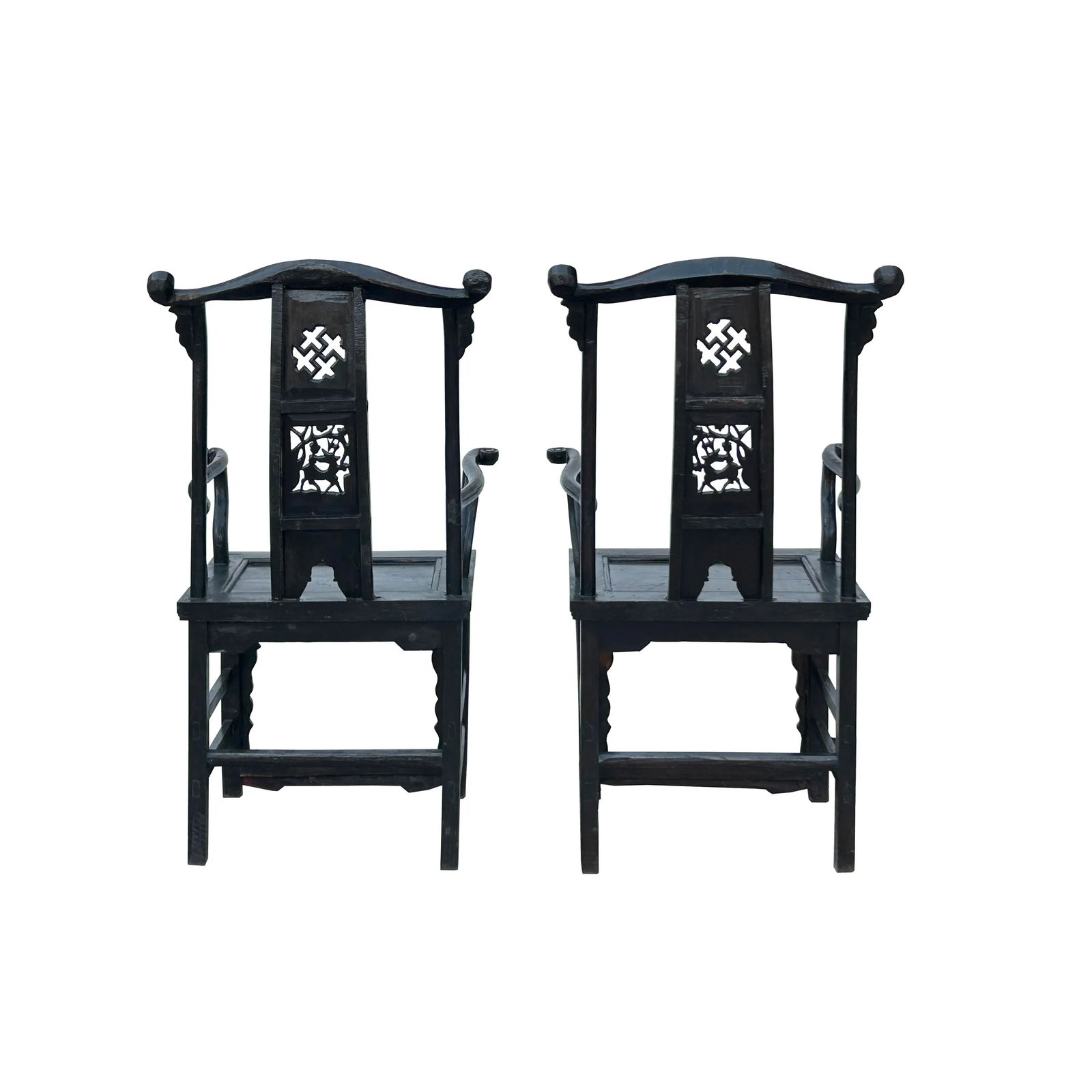 Pair Vintage Chinese Rustic Black Lacquer Deer Motif Yoke-Back Armchairs - 3