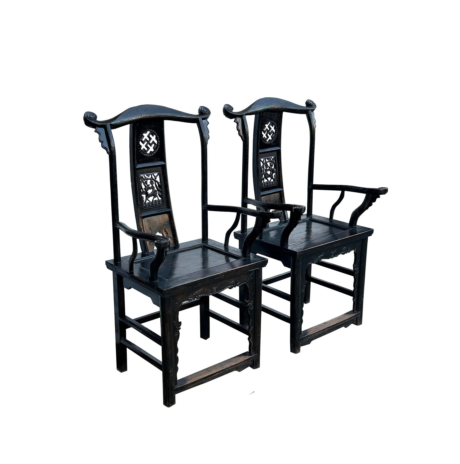 Pair Vintage Chinese Rustic Black Lacquer Deer Motif Yoke-Back Armchairs - 4