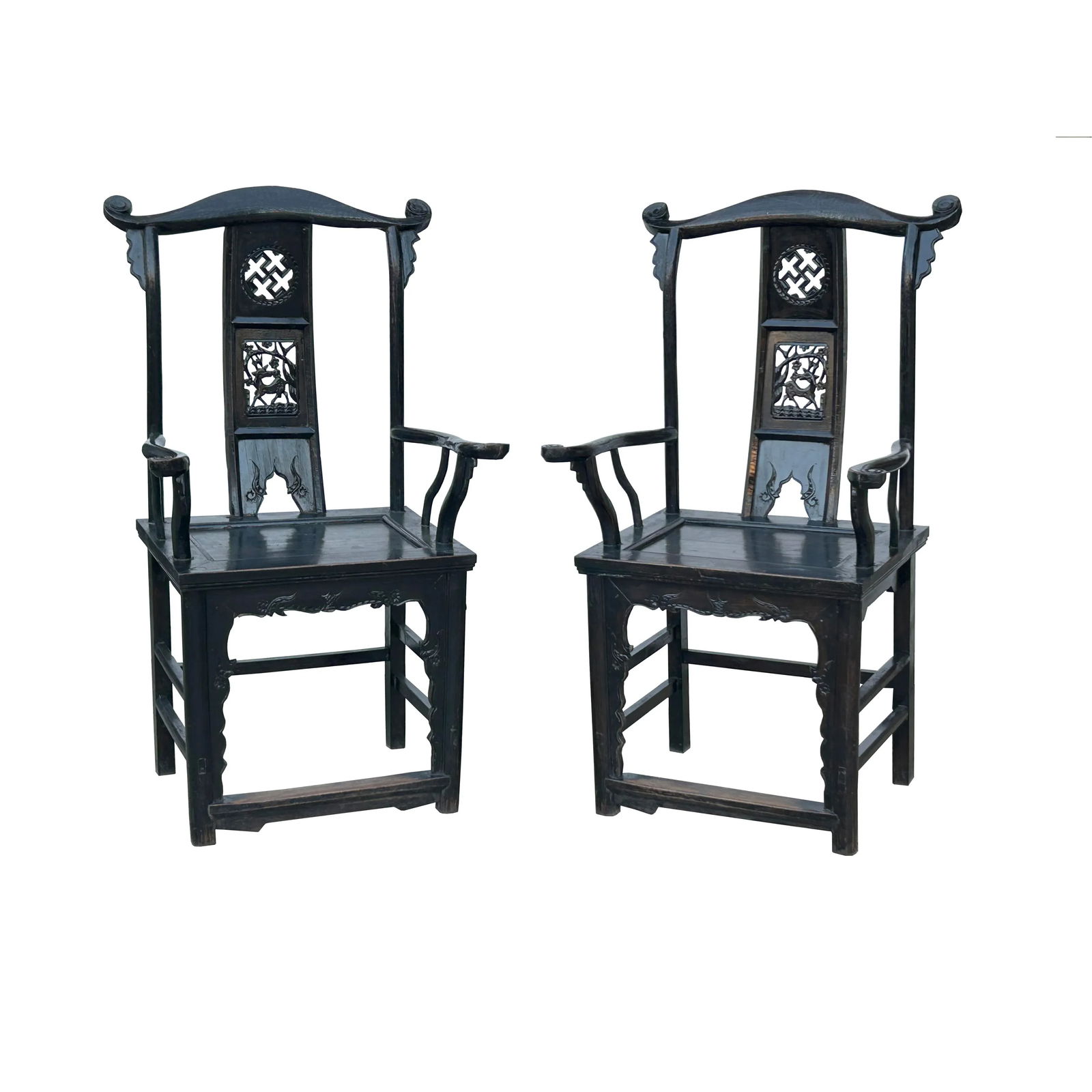 Pair Vintage Chinese Rustic Black Lacquer Deer Motif Yoke-Back Armchairs - 5