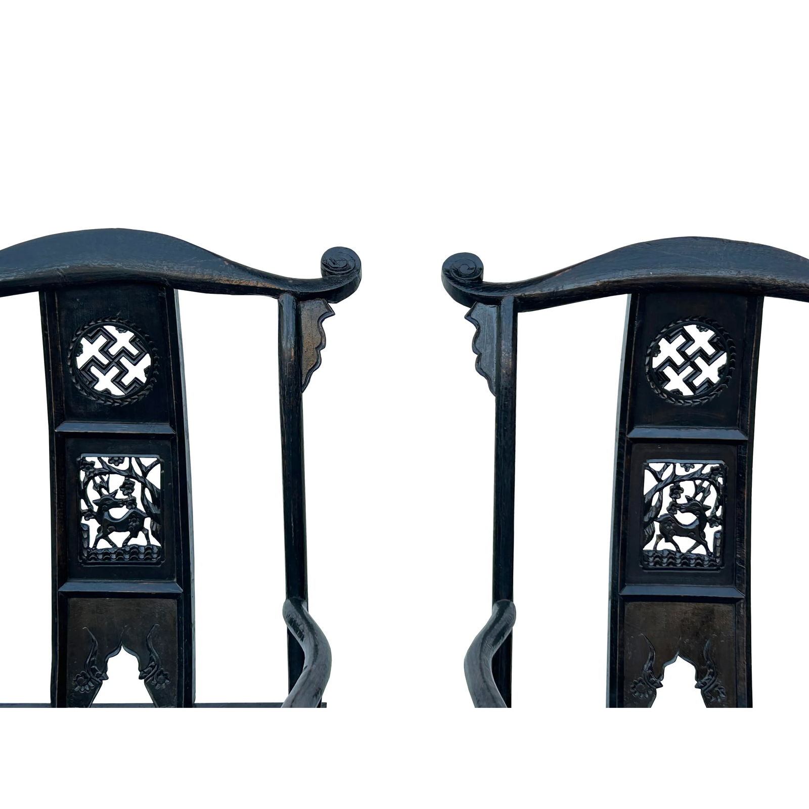Pair Vintage Chinese Rustic Black Lacquer Deer Motif Yoke-Back Armchairs - 6