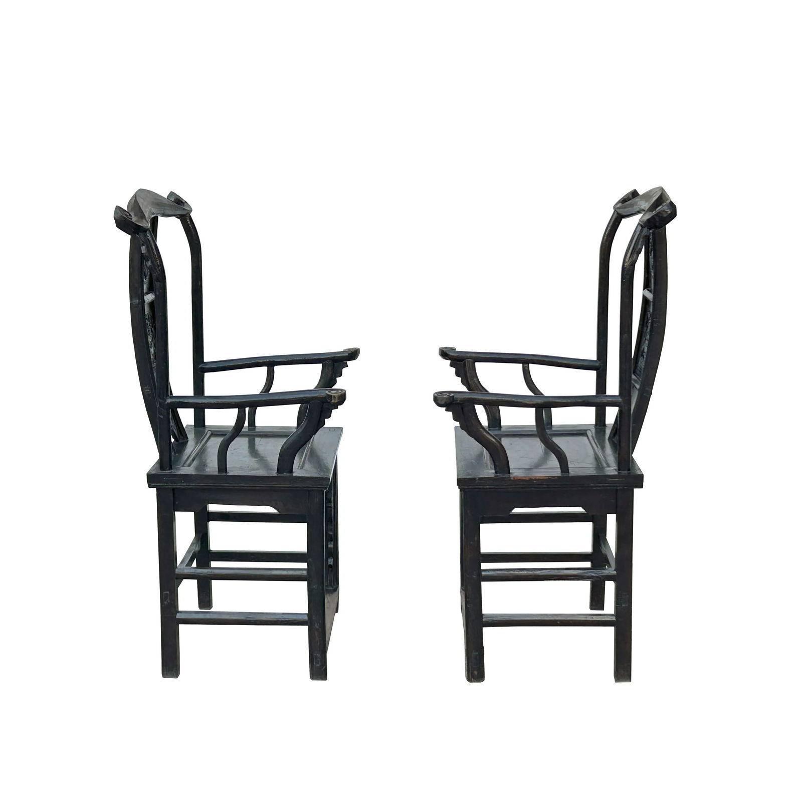 Pair Vintage Chinese Rustic Black Lacquer Deer Motif Yoke-Back Armchairs - 7