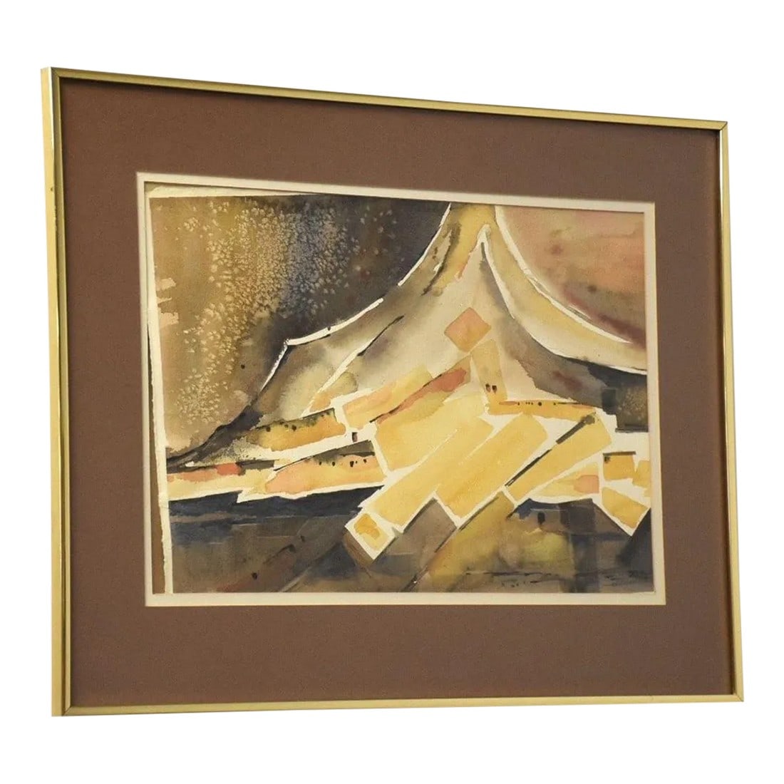 Mid Century Modern Abstract Watercolor Painting: A mid century modern brass framed water color painting by ElDona Hamel titled Santa Fe Gold. Painting is loose from matting. 27.25" wide. 21.25" tall. Condition: Alterations: Original Condition