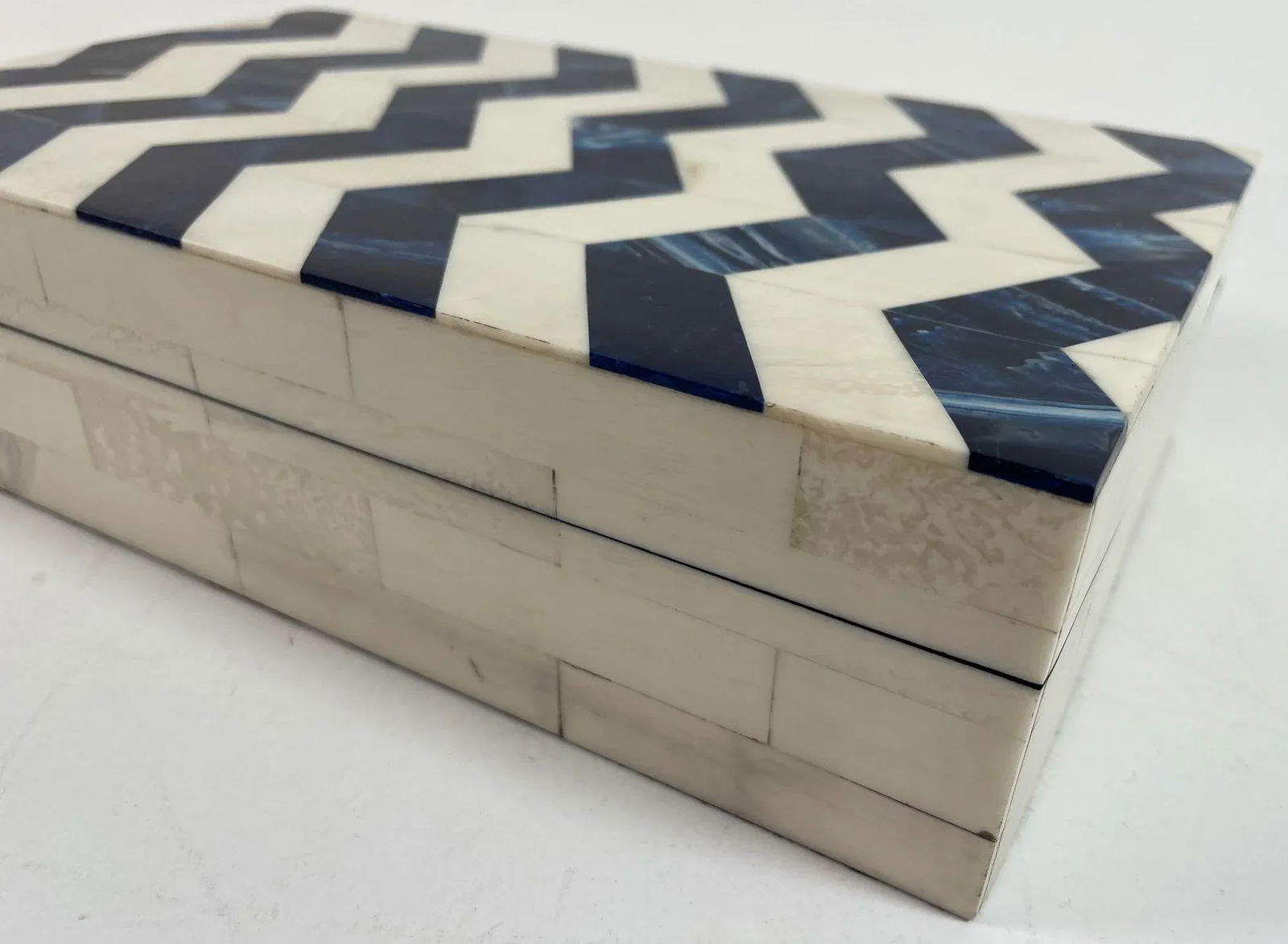 Ivory and Blue Chevron Bone Inlay Trinket Box - 10