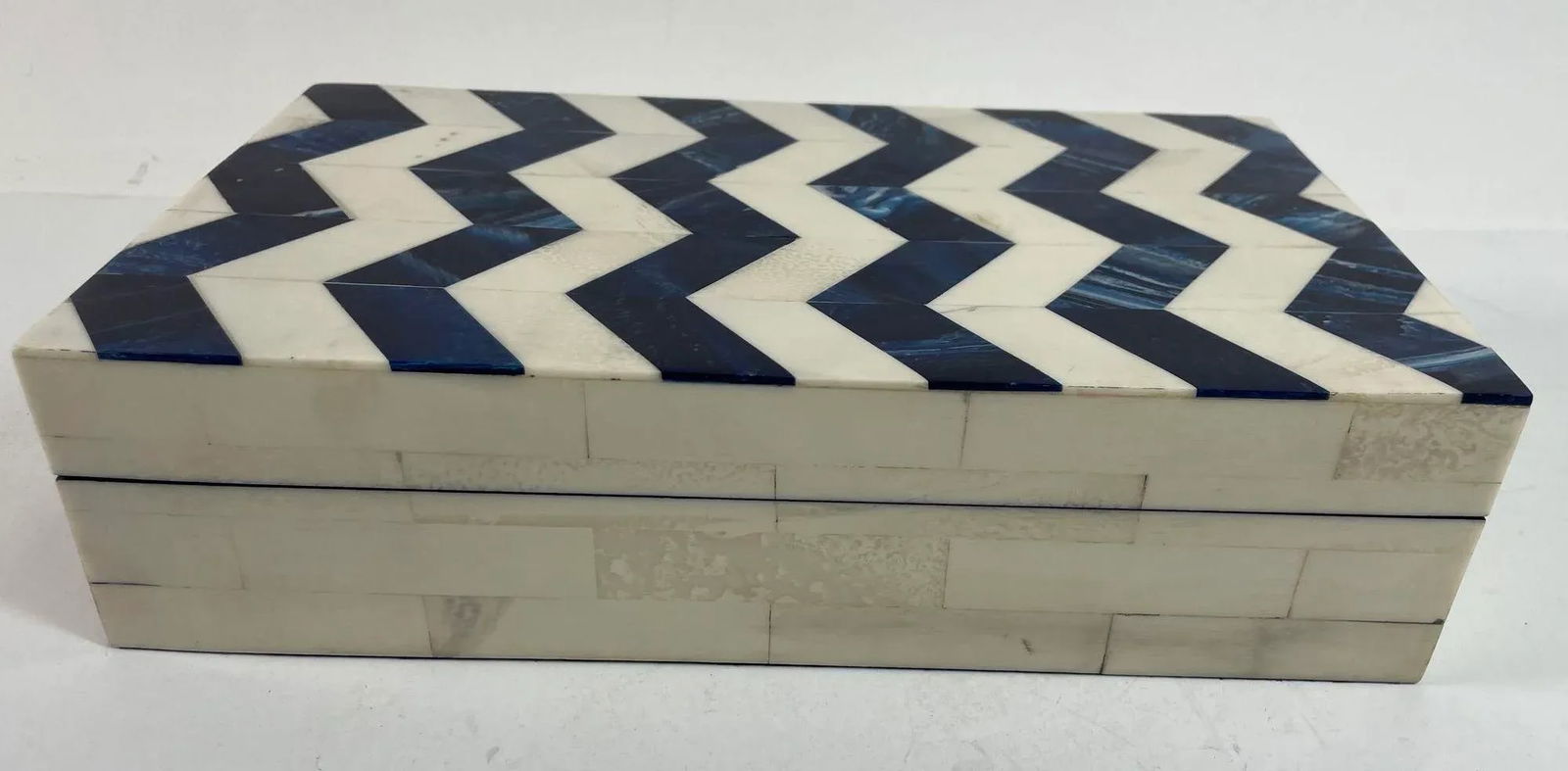 Ivory and Blue Chevron Bone Inlay Trinket Box - 11